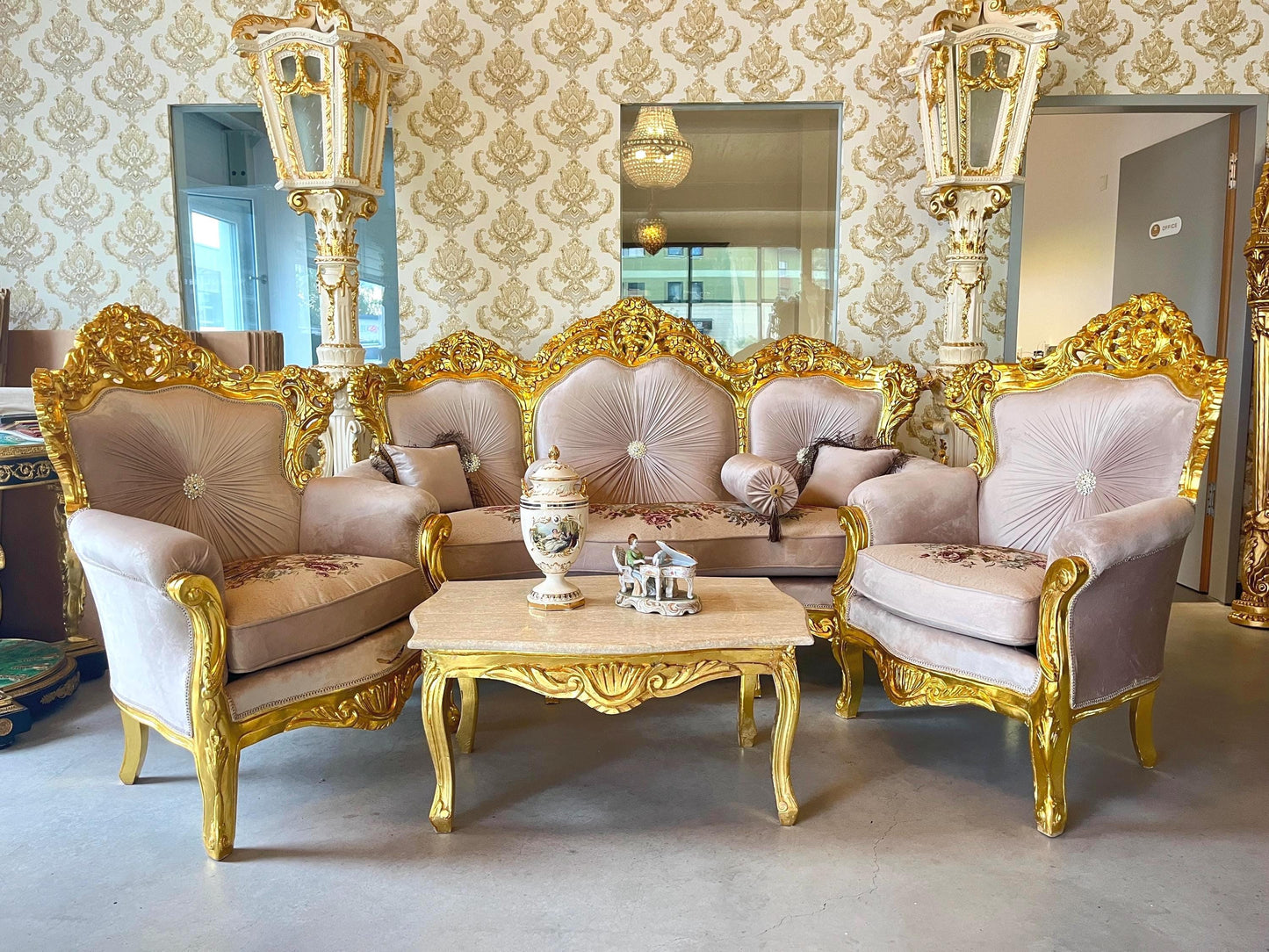 Sofa Set Louis XV Style in Beige Velvet Gold Finish Retro Baroque Rococo Style Couch Set for Living Room for Hotel Lobby Decor