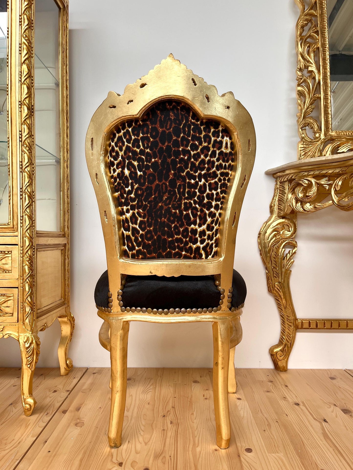 Accent Chair French Louis Baroque Style Dining Chair Black Velvet Leopard Print in Gold Finish for Lounge Room Home Decor