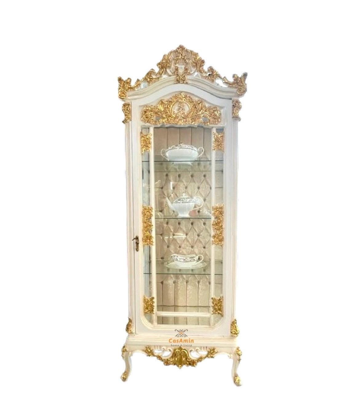 Display Cabinet Retro Baroque Style Showcase in Wooden White Color Gold Leaf Decorated Glass Cabinet in Dining Room Furniture