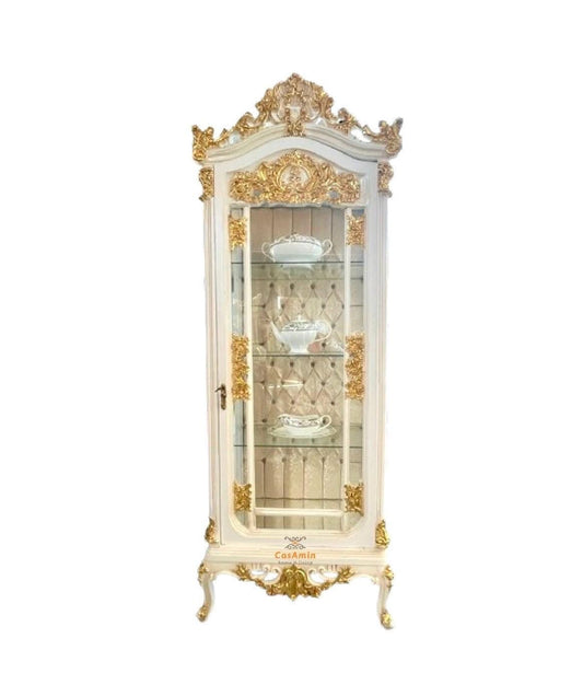 Display Cabinet Retro Baroque Style Showcase in Wooden White Color Gold Leaf Decorated Glass Cabinet in Dining Room Furniture