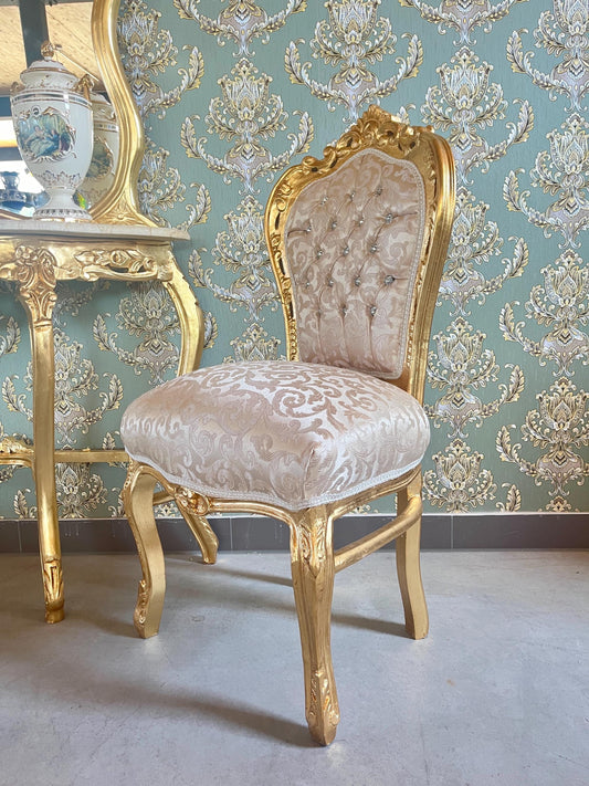 Accent Chair Beige Jacquard Fabric French Baroque Chair Rococo Style Chair Antique Style Reproduction Dining Chair Beige Jacquard Fabric