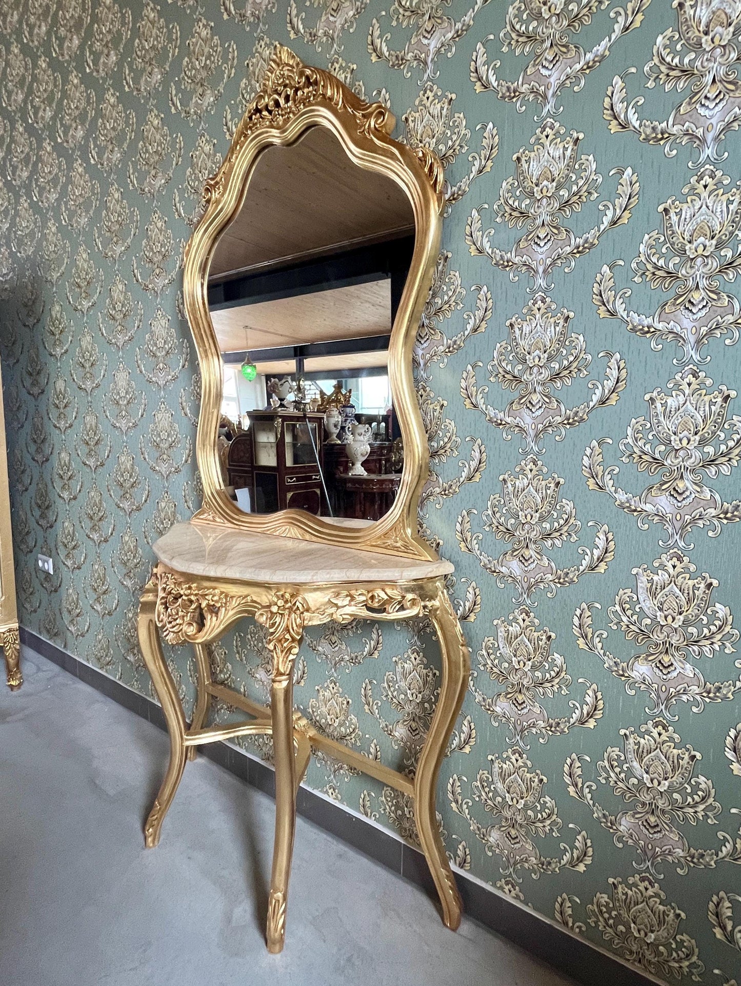 Table Console & Mirror Retro Baroque Style with Beige Marble Top Handcrafted Wooden Table in Gold Finish