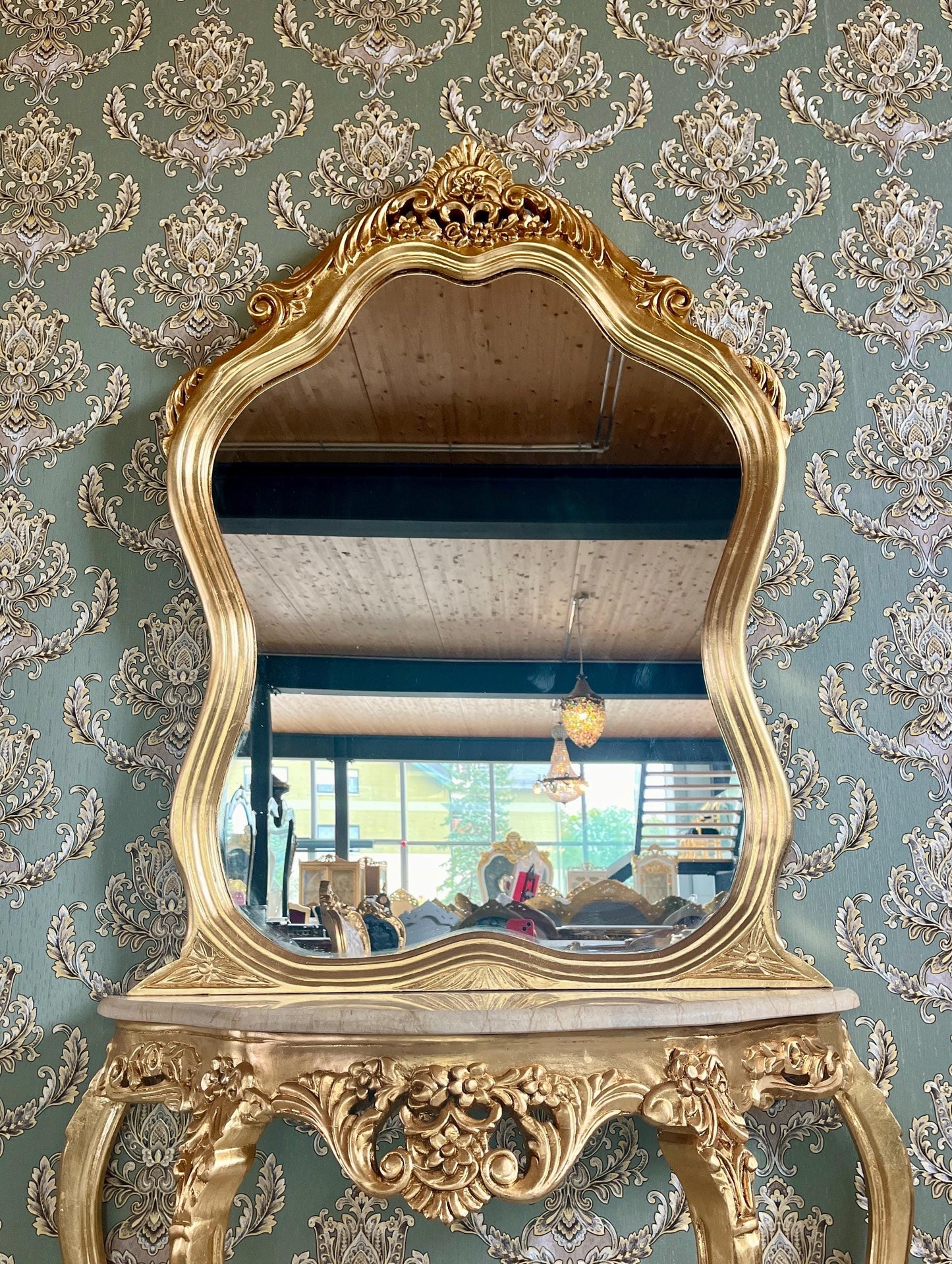 Table Console & Mirror Retro Baroque Style with Beige Marble Top Handcrafted Wooden Table in Gold Finish