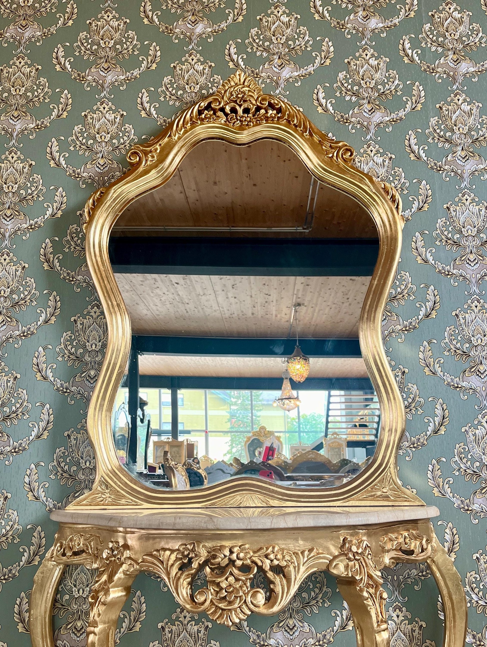 Table Console & Mirror Retro Baroque Style with Beige Marble Top Handcrafted Wooden Table in Gold Finish
