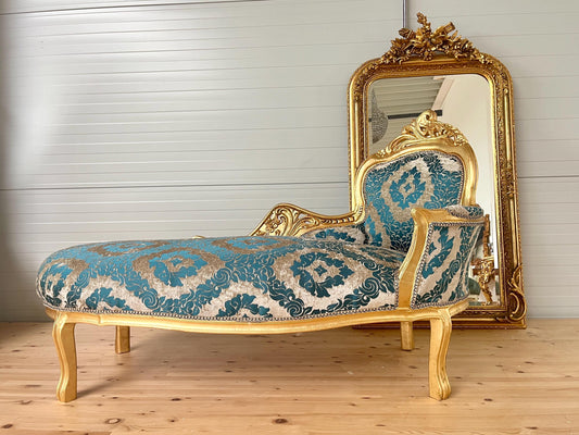 Chaise Longue Blue Velvet Damask French Antique Style in Gold Finish Retro Baroque Style Bench Green Velvet Damask for Home Decor