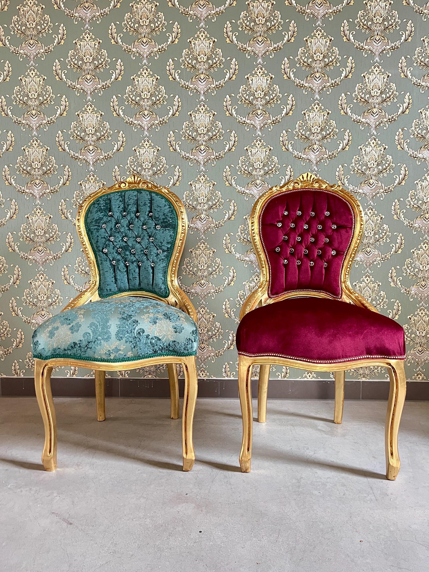 Accent Chair Retro French Baroque Rococo Style Dining Chair Antique Style Reproduction Chair in Gold Finish Red Velvet Turquoise Velvet