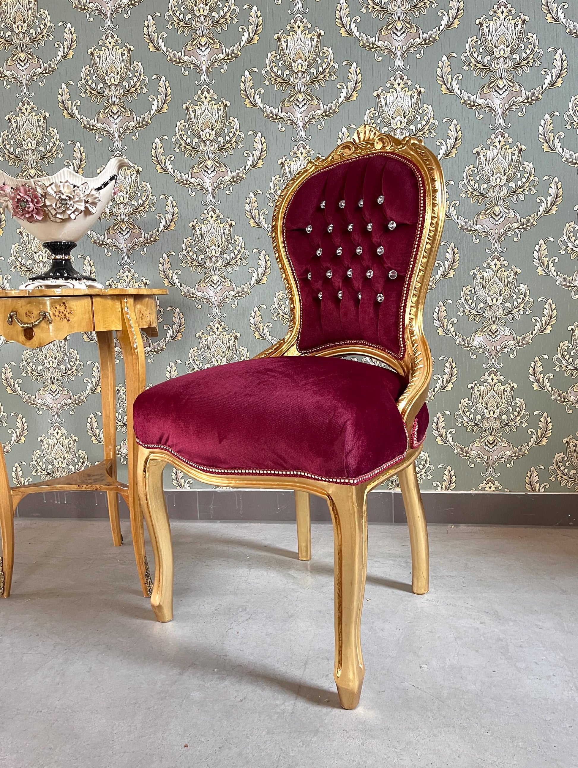 Accent Chair Retro French Baroque Rococo Style Dining Chair Antique Style Reproduction Chair in Gold Finish Red Velvet Turquoise Velvet