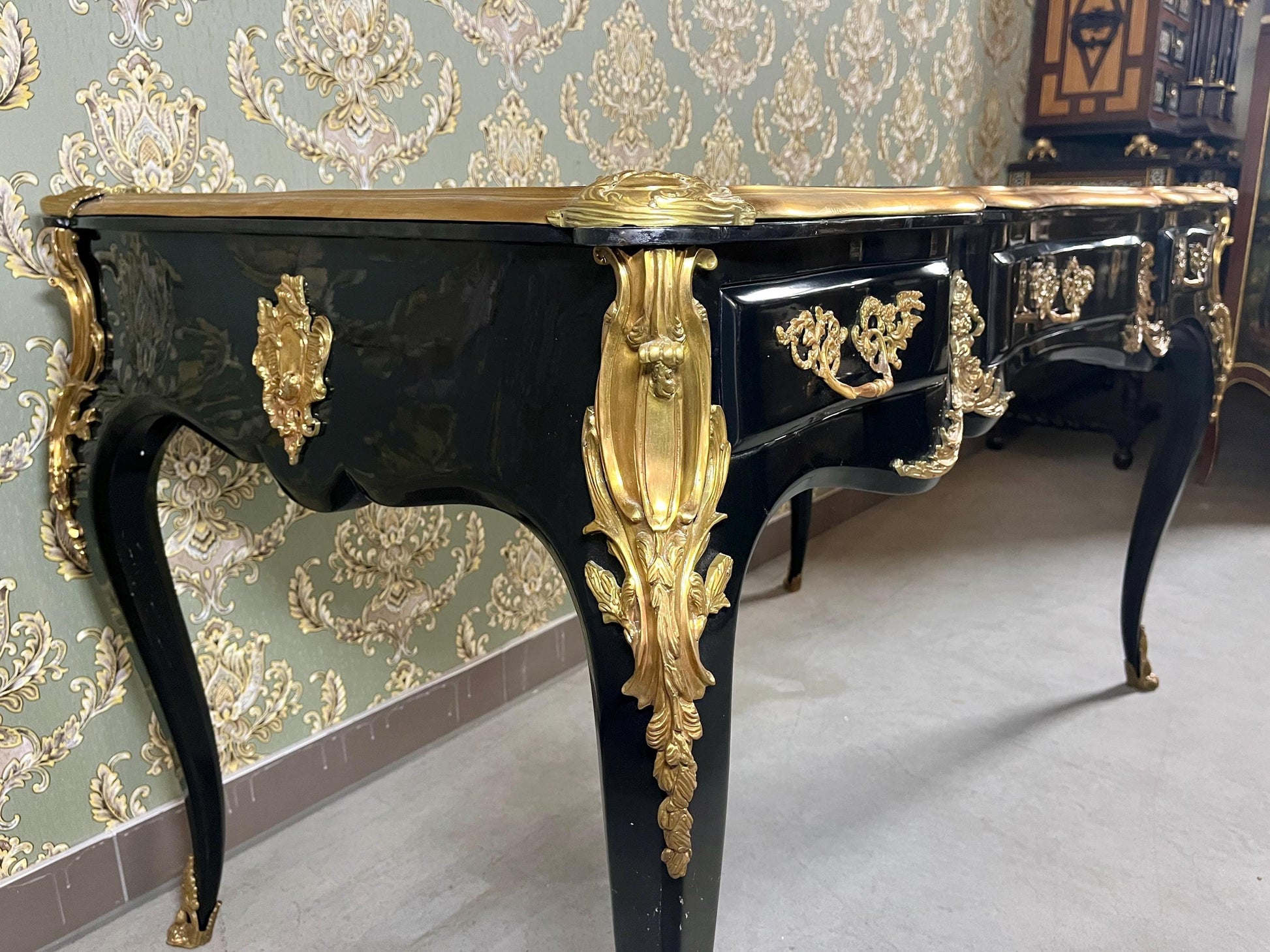 Luxurious Black Wooden Desk Antique Baroque Style Table with Bronze Ornaments at Edge Lacquered in Black - LIMITED EDITION