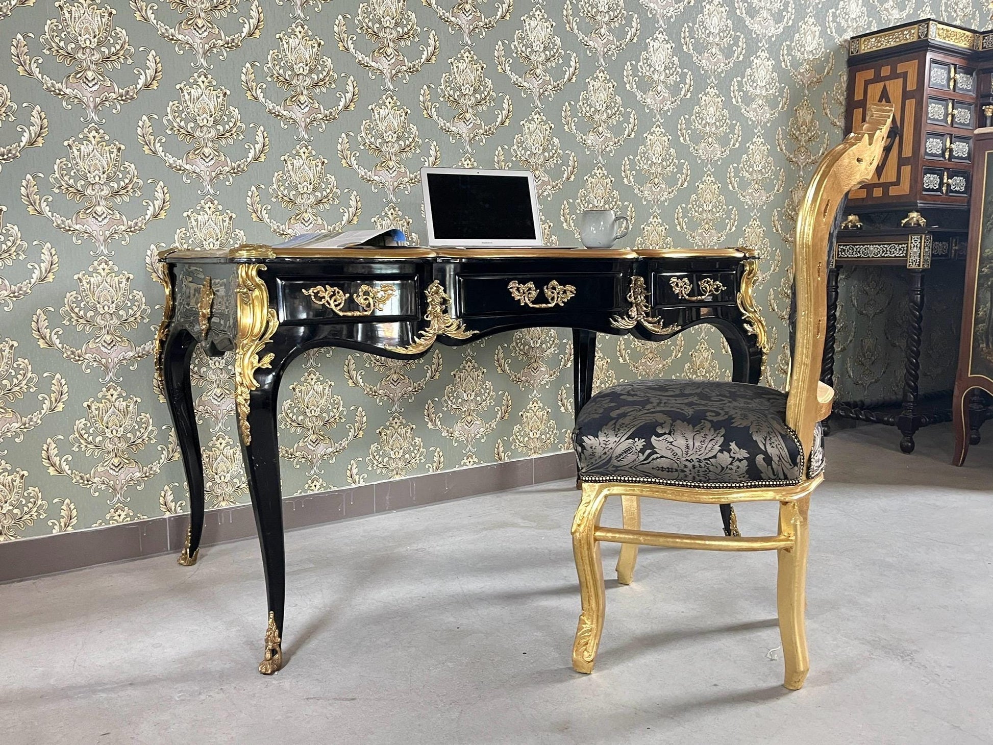 Luxurious Black Wooden Desk Antique Baroque Style Table with Bronze Ornaments at Edge Lacquered in Black - LIMITED EDITION