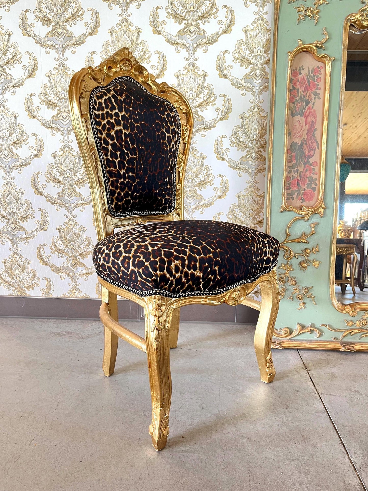 Accent Chair French Louis Baroque Style Dining Chair Black Velvet Leopard Print in Gold Finish for Lounge Room Home Decor