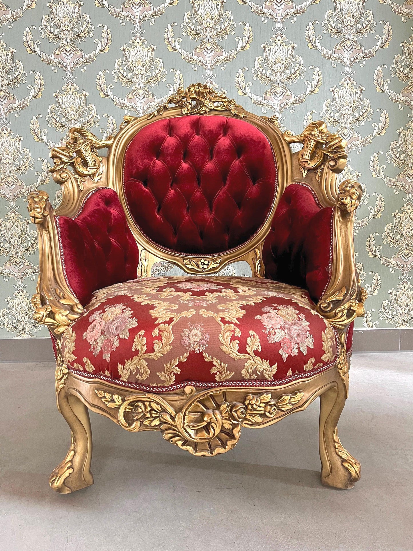 Glamorous Armchair Set Antique Baroque Style in Bordeaux Red Damask Chair & Table Set Gold Finish for Lounge Room Hotel Lobby Decor -LIMITED