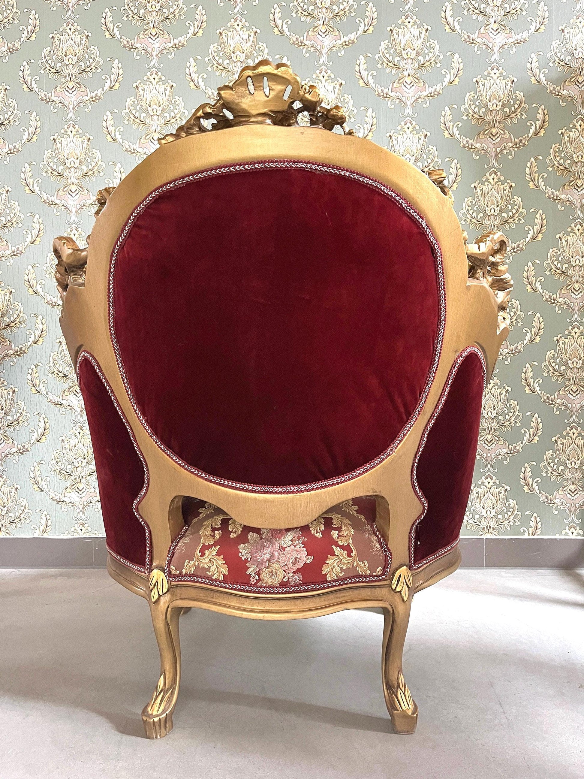 Glamorous Armchair Set Antique Baroque Style in Bordeaux Red Damask Chair & Table Set Gold Finish for Lounge Room Hotel Lobby Decor -LIMITED