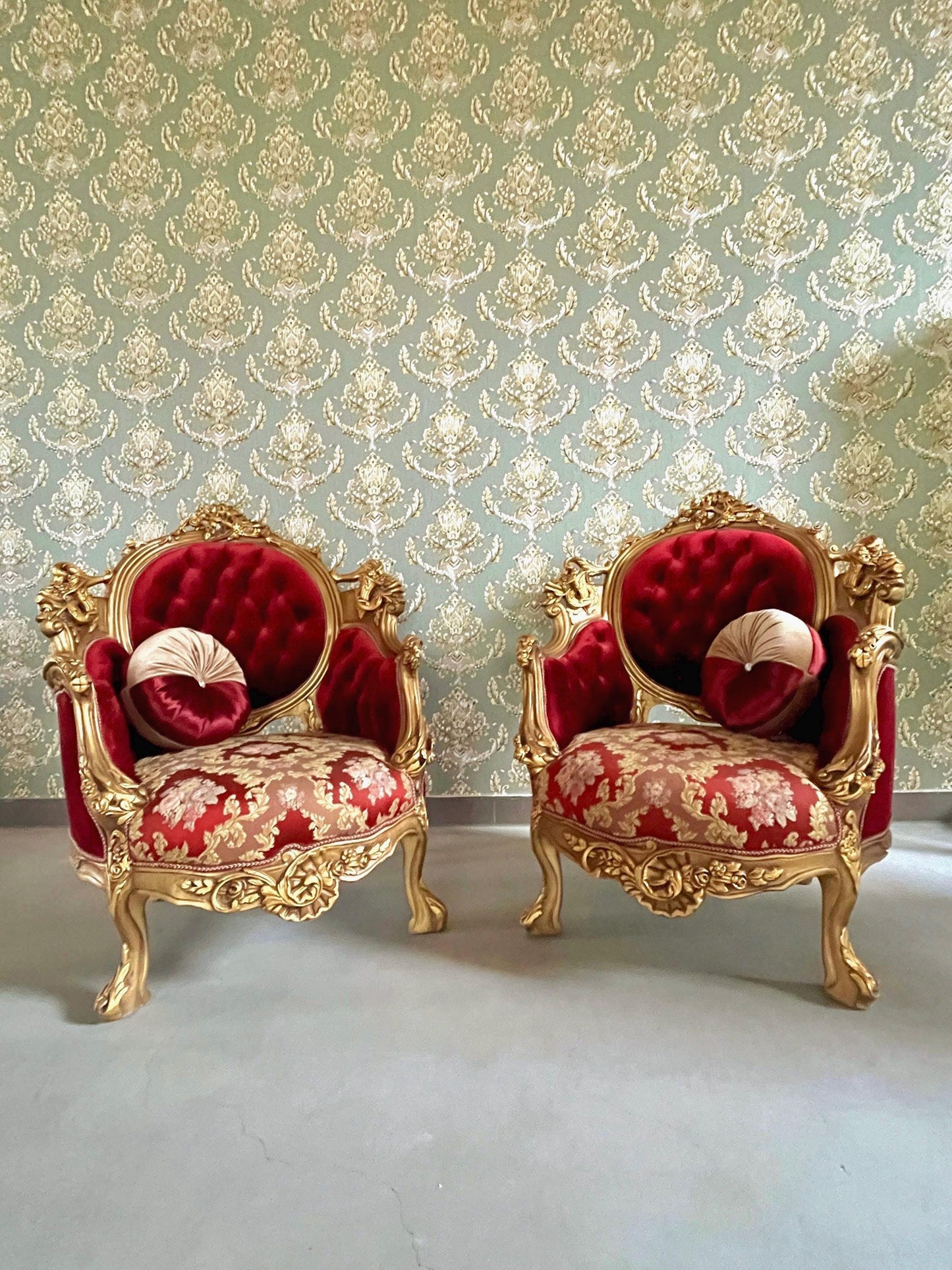 Glamorous Armchair Set Antique Baroque Style in Bordeaux Red Damask Chair & Table Set Gold Finish for Lounge Room Hotel Lobby Decor -LIMITED