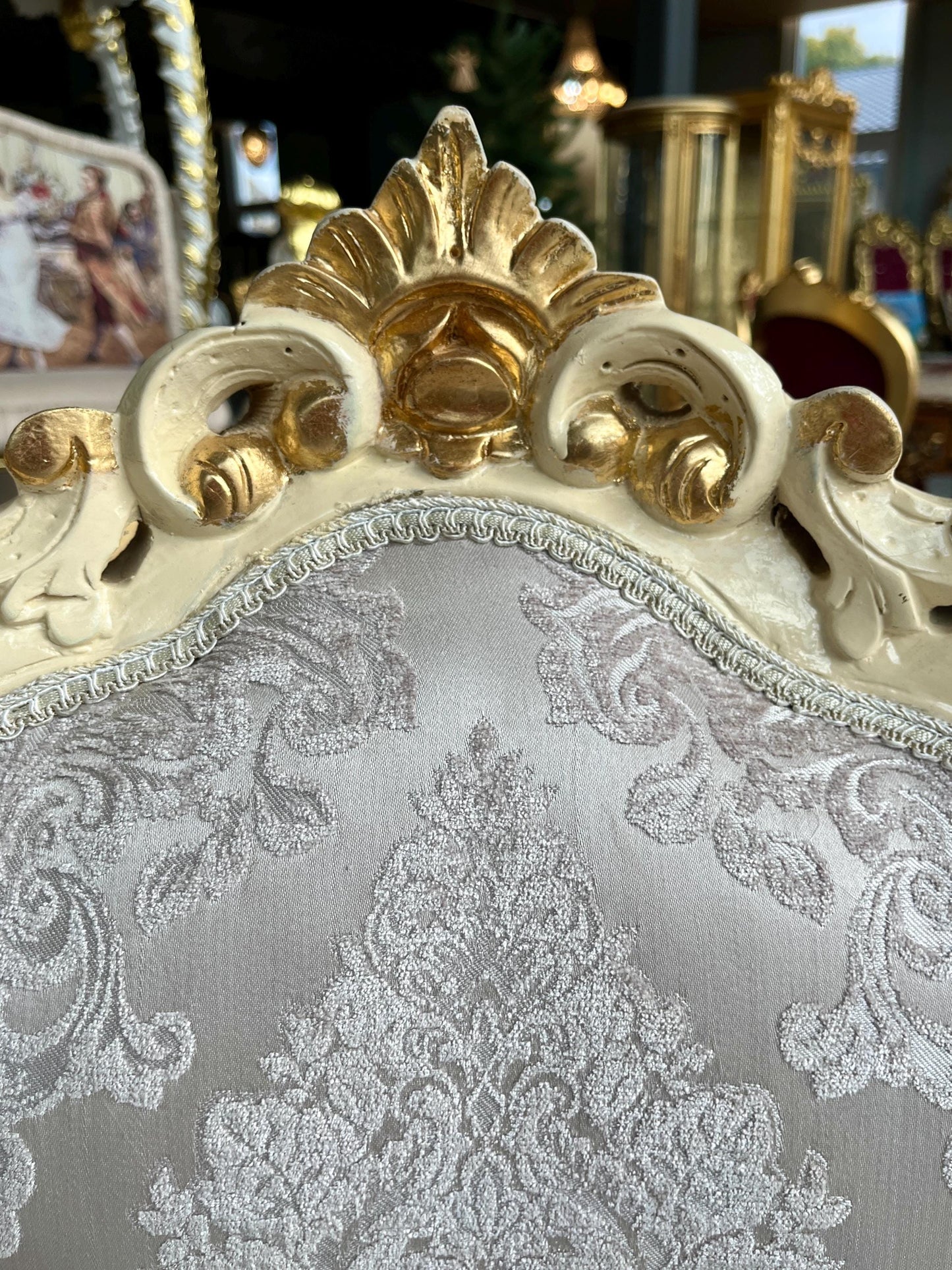 Accent Chair in Ivory Damask French Louis XV Style Dining Chair Handmade in Solid Wood Antique Baroque Style Flower Pattern for Dining Room
