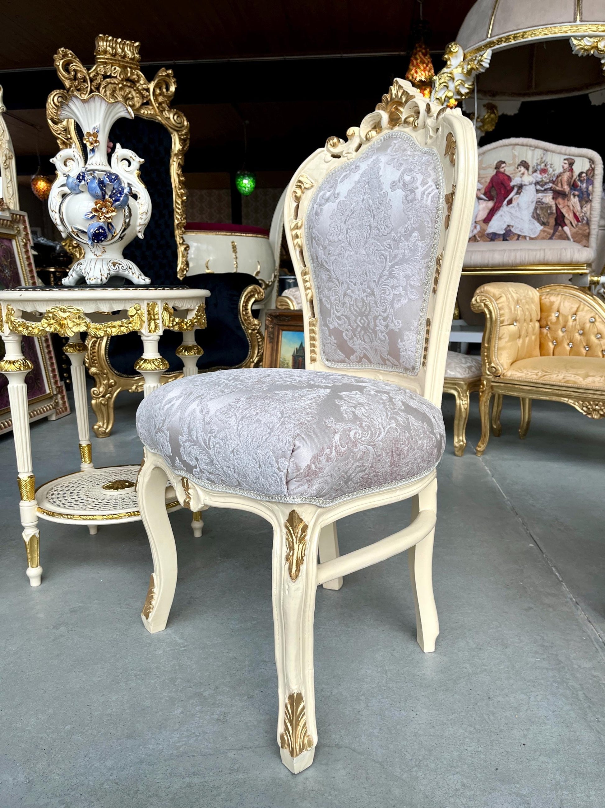 Chair & Table Set French Baroque Style in Beige Color Flower Pattern Chairs Table with Black Or Beige Marble Top For Entrance or Lounge Room