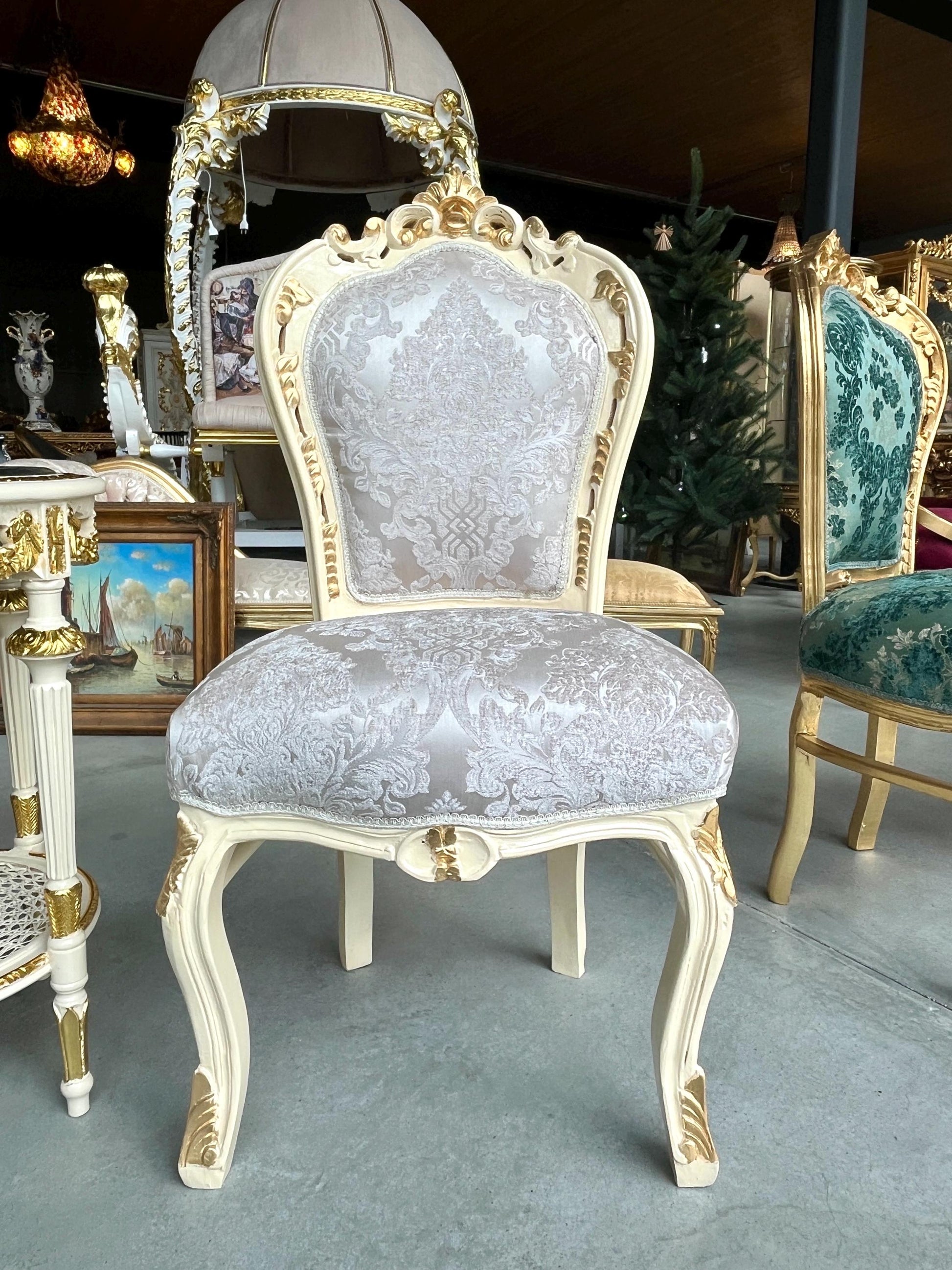 Chair & Table Set French Baroque Style in Beige Color Flower Pattern Chairs Table with Black Or Beige Marble Top For Entrance or Lounge Room