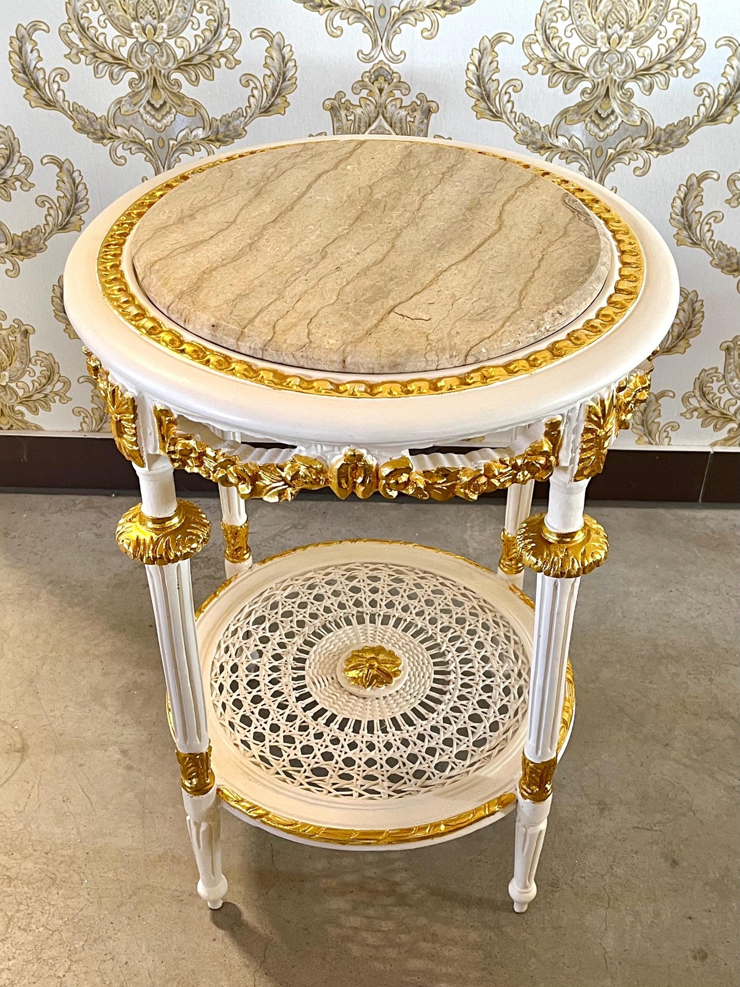 Chair & Table Set French Baroque Style in Beige Color Flower Pattern Chairs Table with Black Or Beige Marble Top For Entrance or Lounge Room