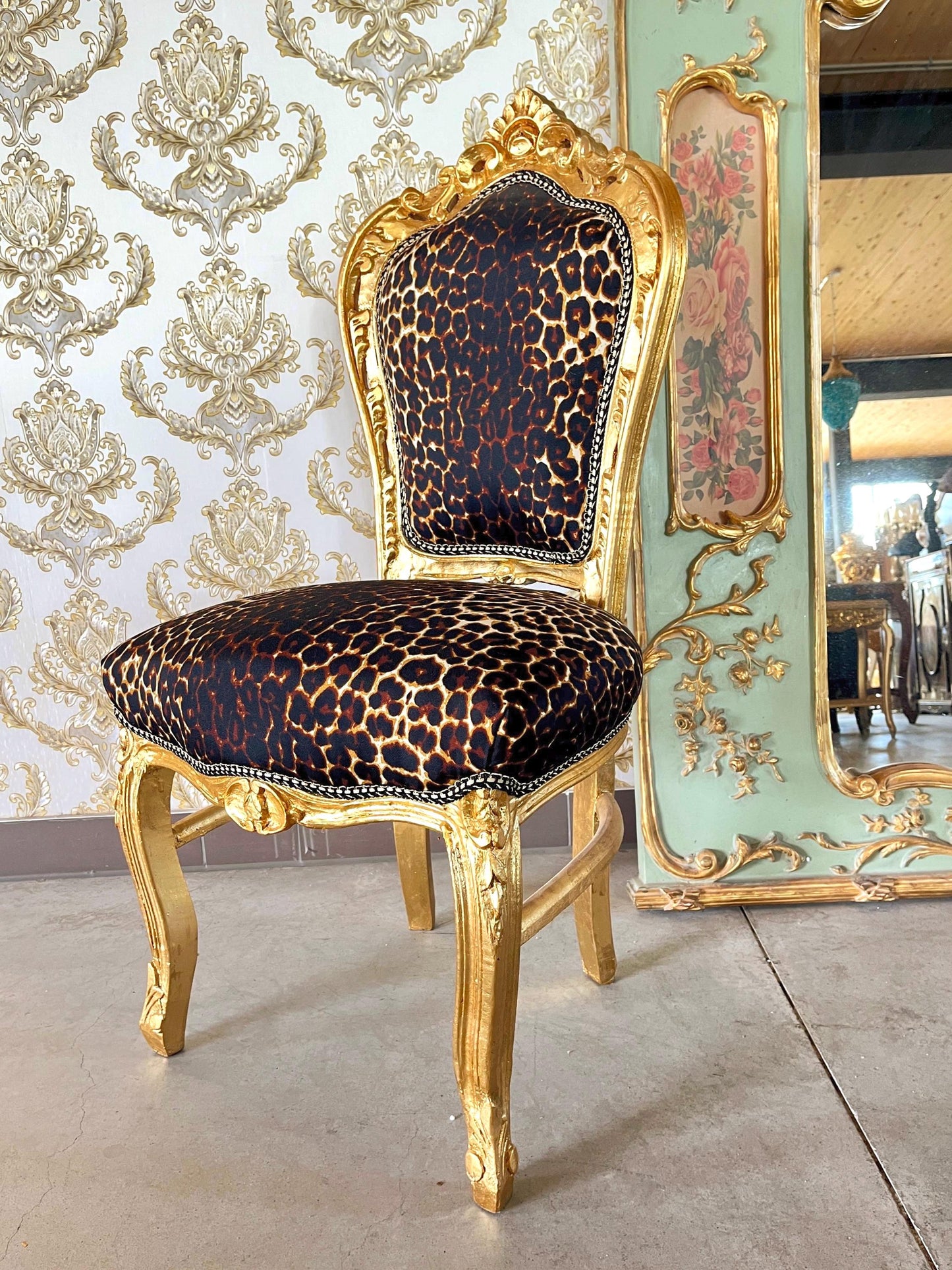 Accent Chair French Louis Baroque Style Dining Chair Black Velvet Leopard Print in Gold Finish for Lounge Room Home Decor