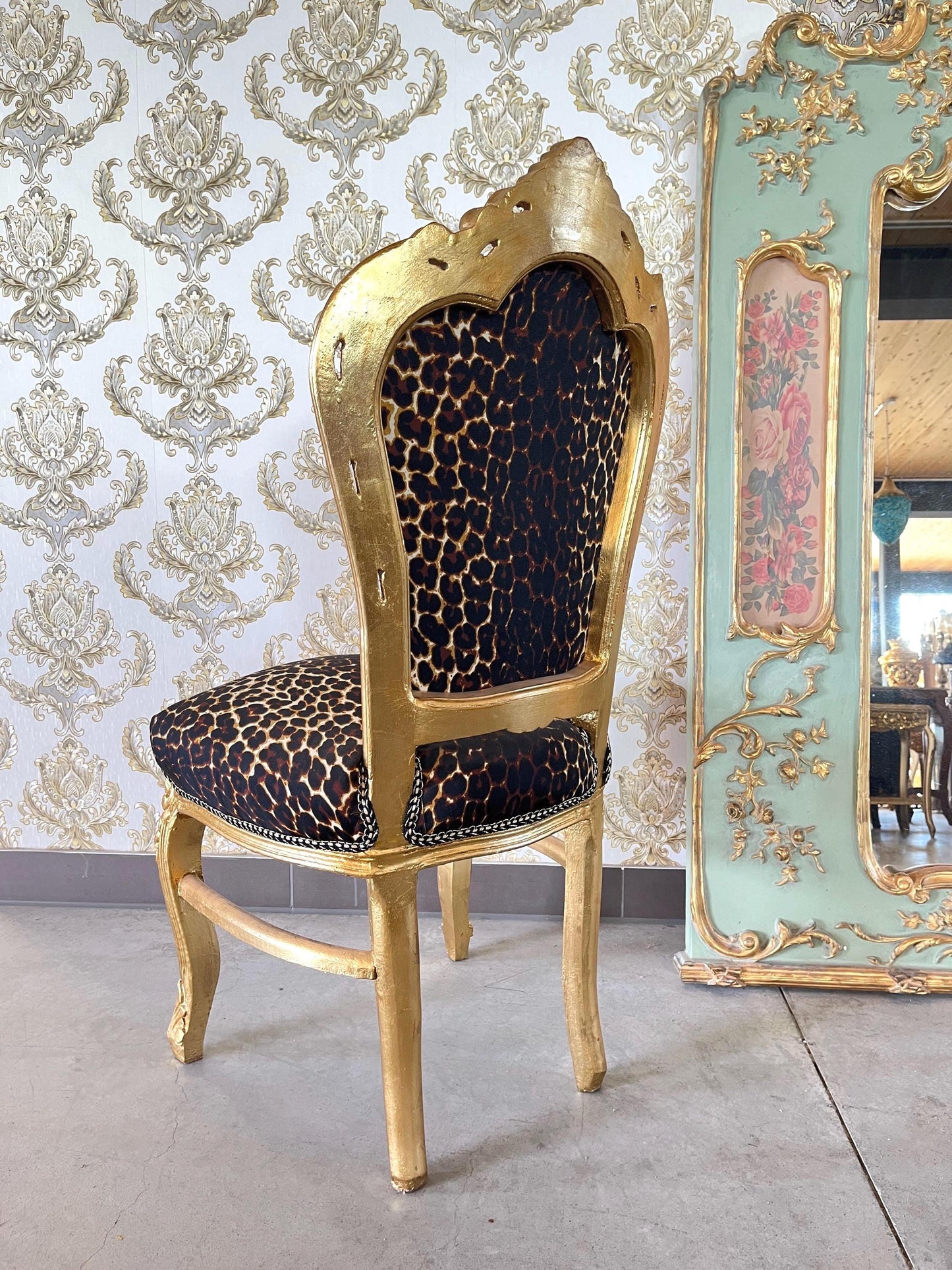 Accent Chair French Louis Baroque Style Dining Chair Black Velvet Leopard Print in Gold Finish for Lounge Room Home Decor