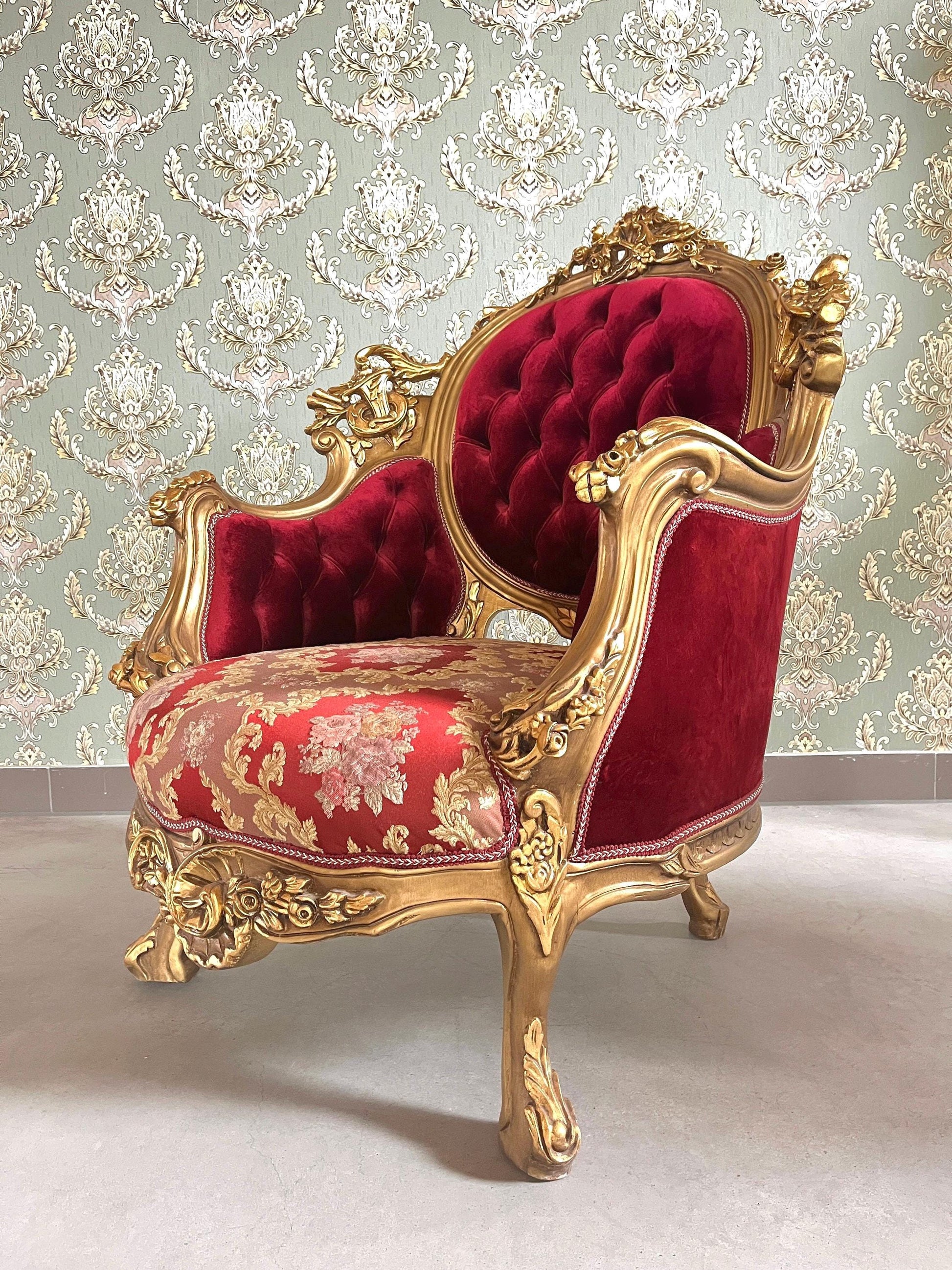Glamorous Armchair Set Antique Baroque Style in Bordeaux Red Damask Chair & Table Set Gold Finish for Lounge Room Hotel Lobby Decor -LIMITED