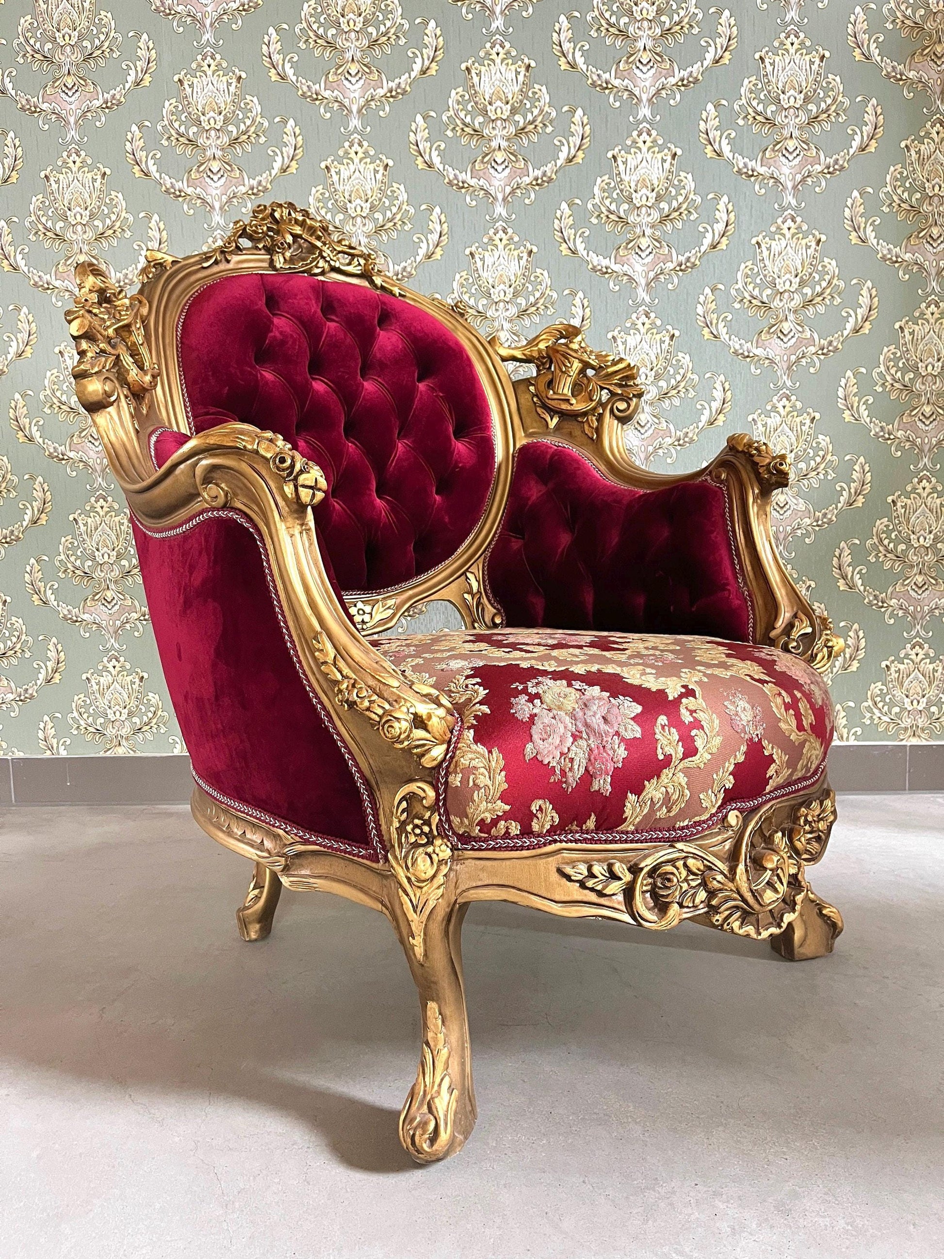 Glamorous Armchair Set Antique Baroque Style in Bordeaux Red Damask Chair & Table Set Gold Finish for Lounge Room Hotel Lobby Decor -LIMITED