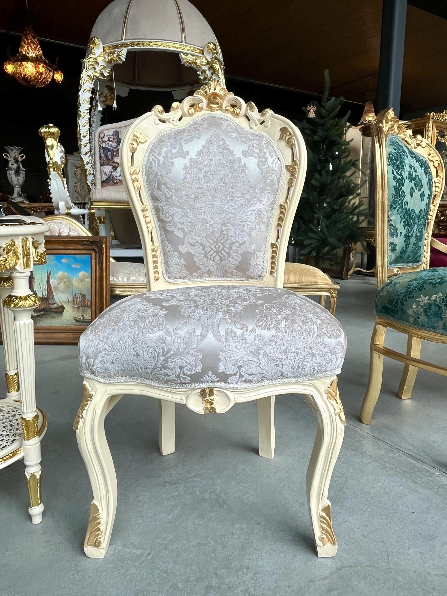 Accent Chair in Ivory Damask French Louis XV Style Dining Chair Handmade in Solid Wood Antique Baroque Style Flower Pattern for Dining Room
