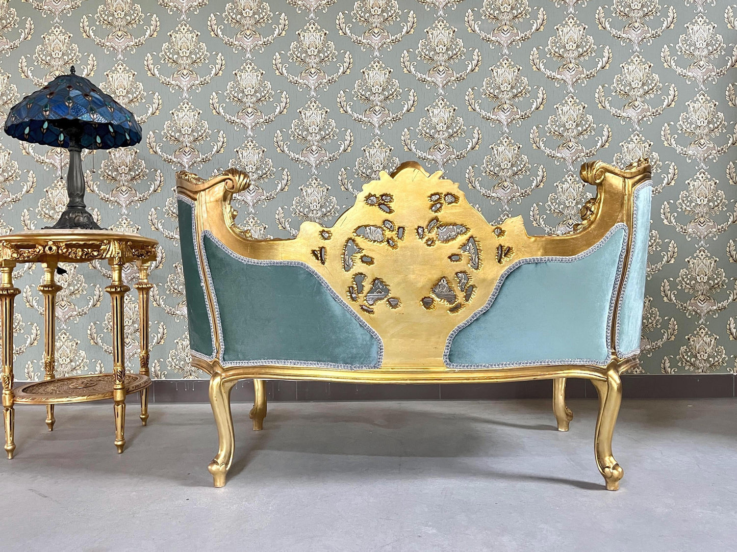Love Seat Royal Baroque Style Bench Sky Blue Damask Flower Pattern Antique Style Couch in Gold Finish for Housewarming Party Xmas Home Gift