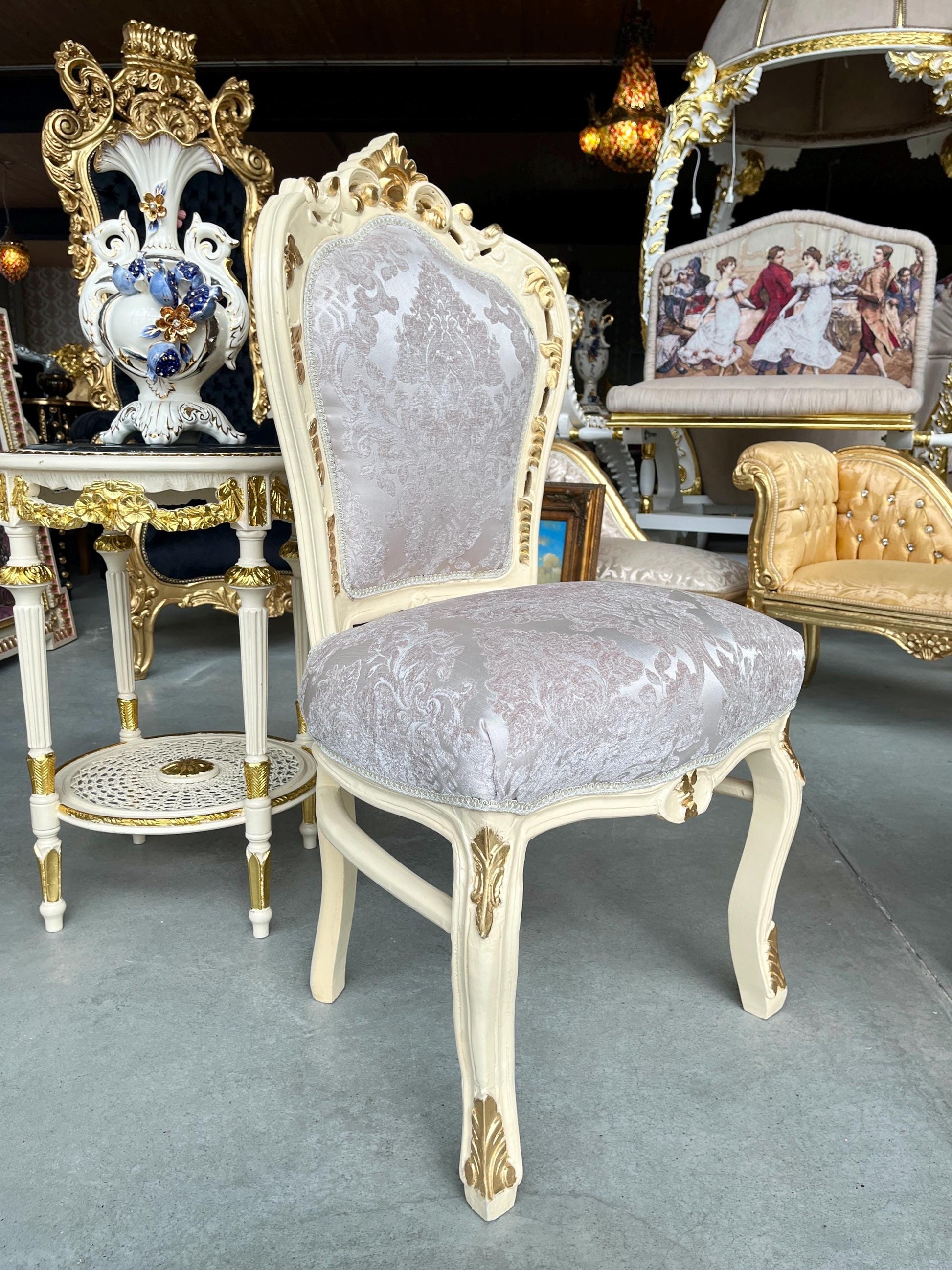 Chair & Table Set French Baroque Style in Beige Color Flower Pattern Chairs Table with Black Or Beige Marble Top For Entrance or Lounge Room