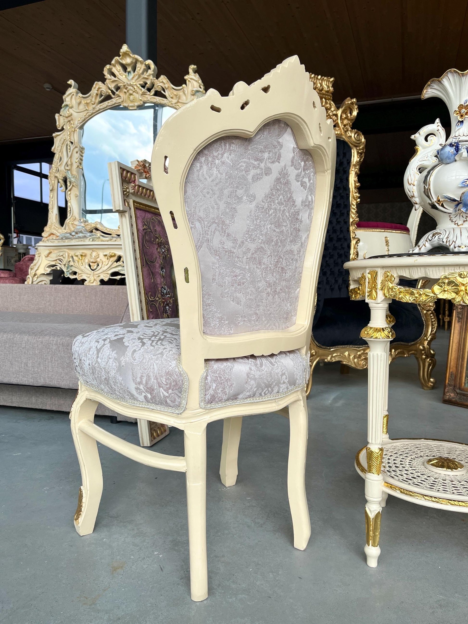 Chair & Table Set French Baroque Style in Beige Color Flower Pattern Chairs Table with Black Or Beige Marble Top For Entrance or Lounge Room