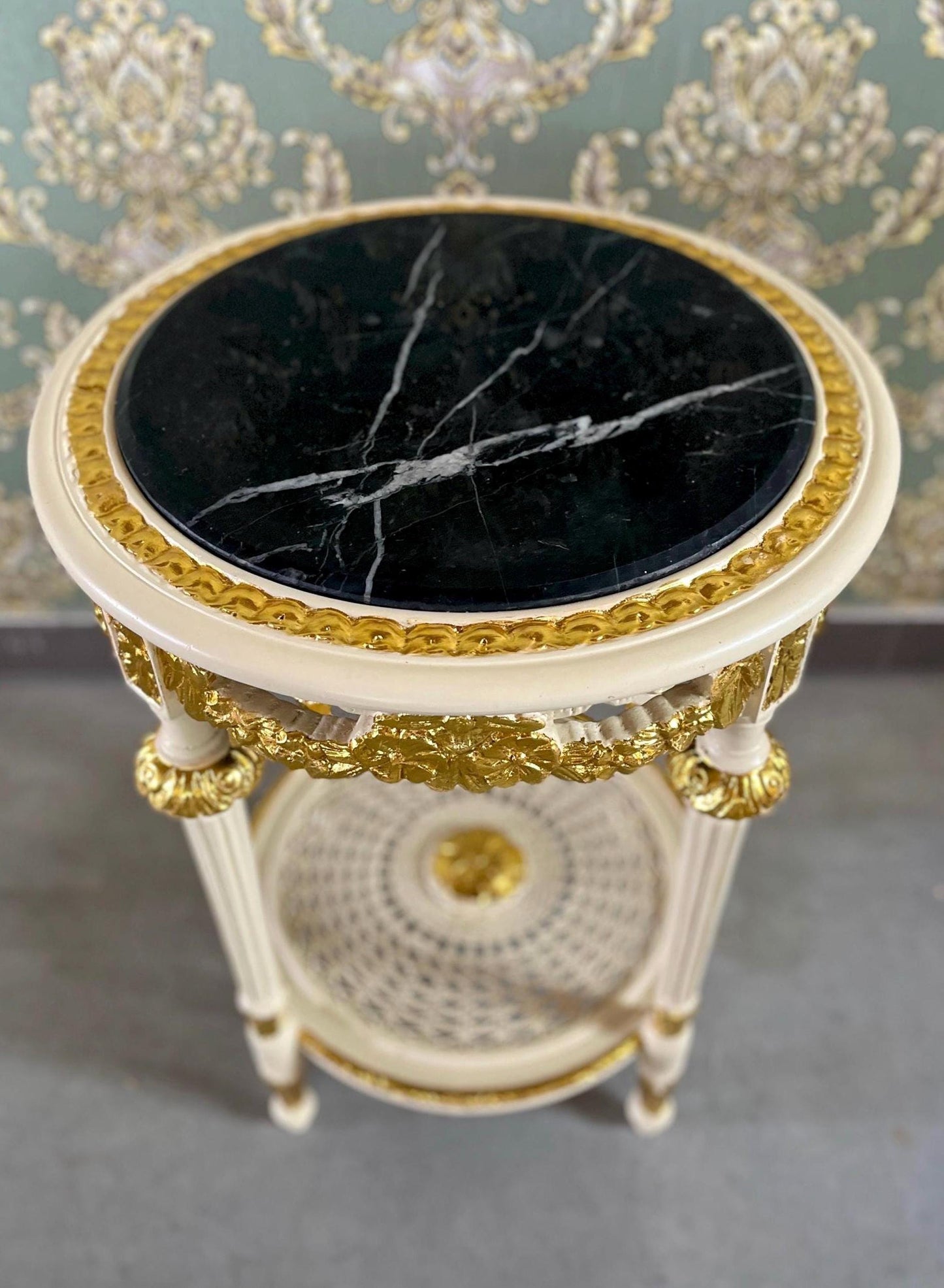 Chair & Table Set French Baroque Style in Beige Color Flower Pattern Chairs Table with Black Or Beige Marble Top For Entrance or Lounge Room