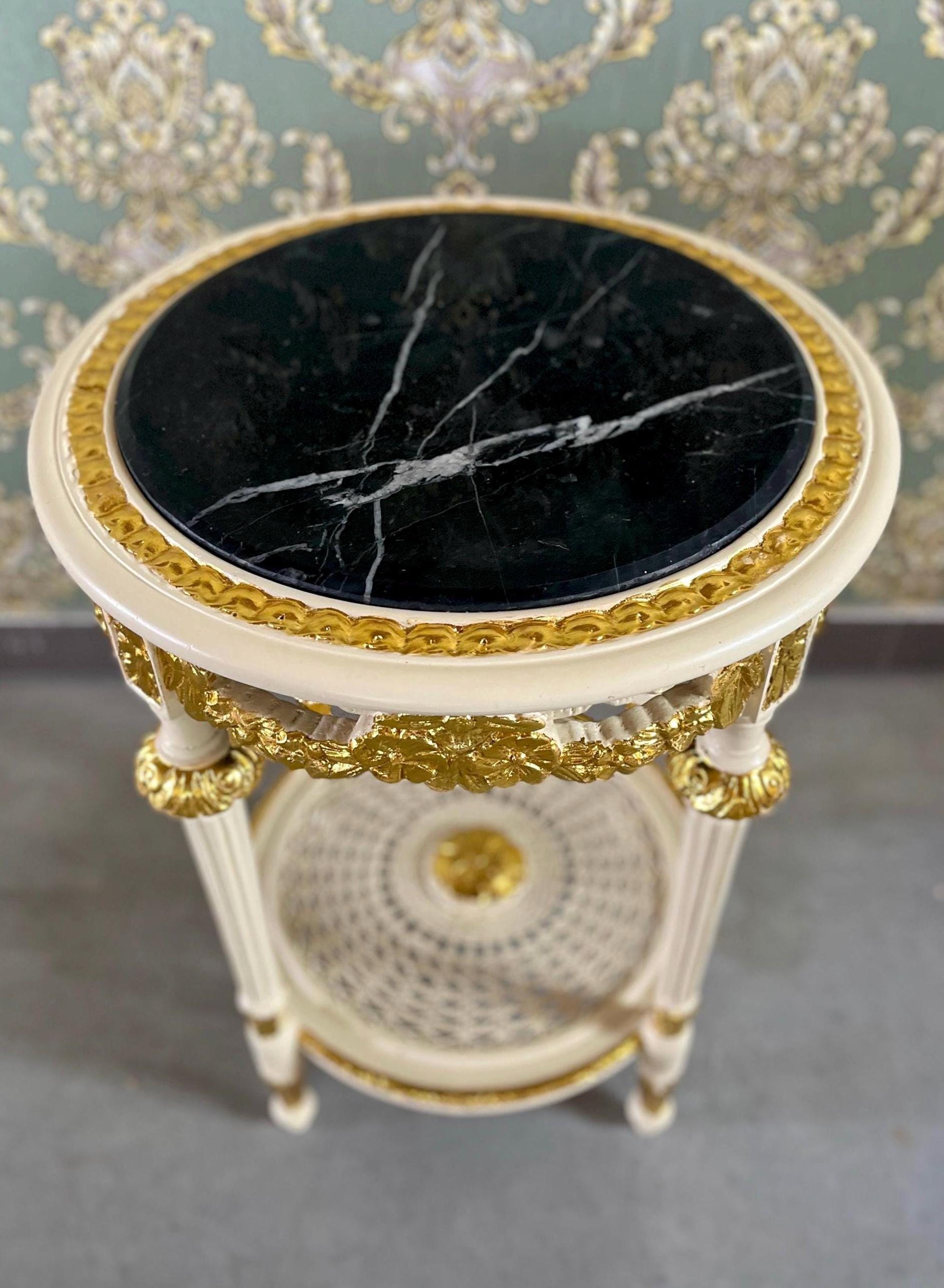 Chair & Table Set French Baroque Style in Beige Color Flower Pattern Chairs Table with Black Or Beige Marble Top For Entrance or Lounge Room