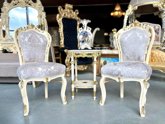 Chair & Table Set French Baroque Style in Beige Color Flower Pattern Chairs Table with Black Or Beige Marble Top For Entrance or Lounge Room