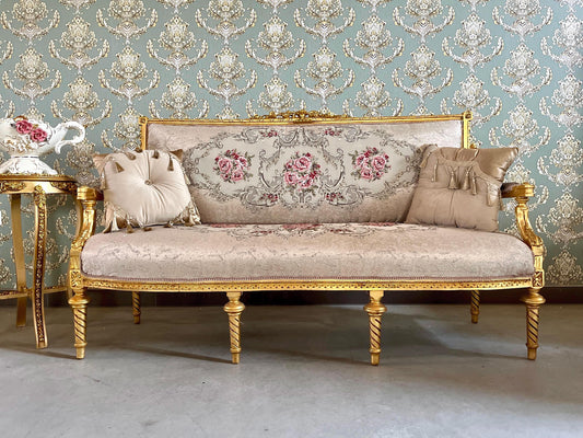 3-Seater Sofa French Antique Style Couch in Floral Jacquard Damask Gold Finish Retro Baroque Style Lounge Sofa Furniture Gift for Home Decor