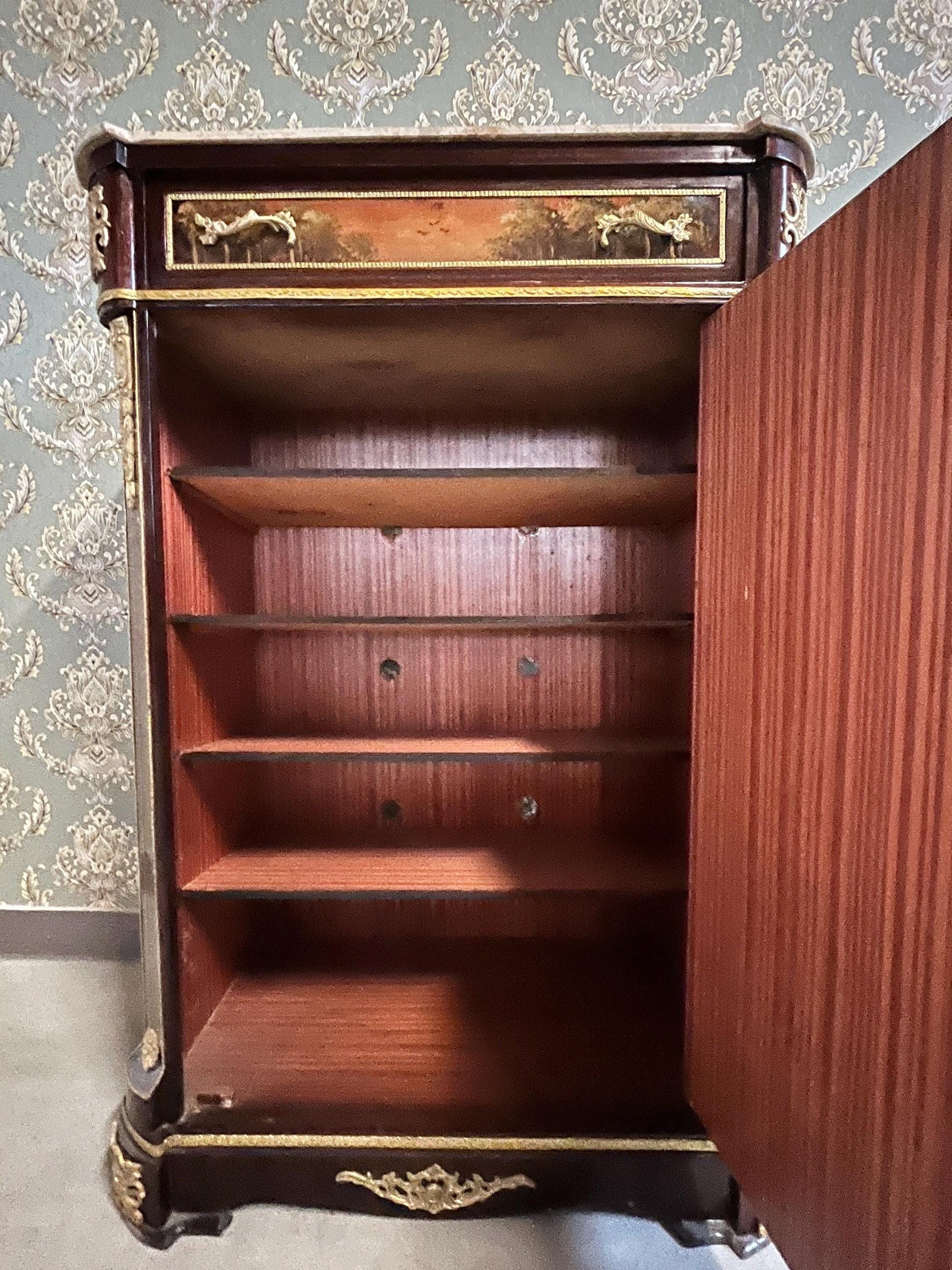 Shoe Cabinet Retro Baroque Antique Style Wooden Brown Cabinet with Oil Handpainted at Front and Marble Slab at Top