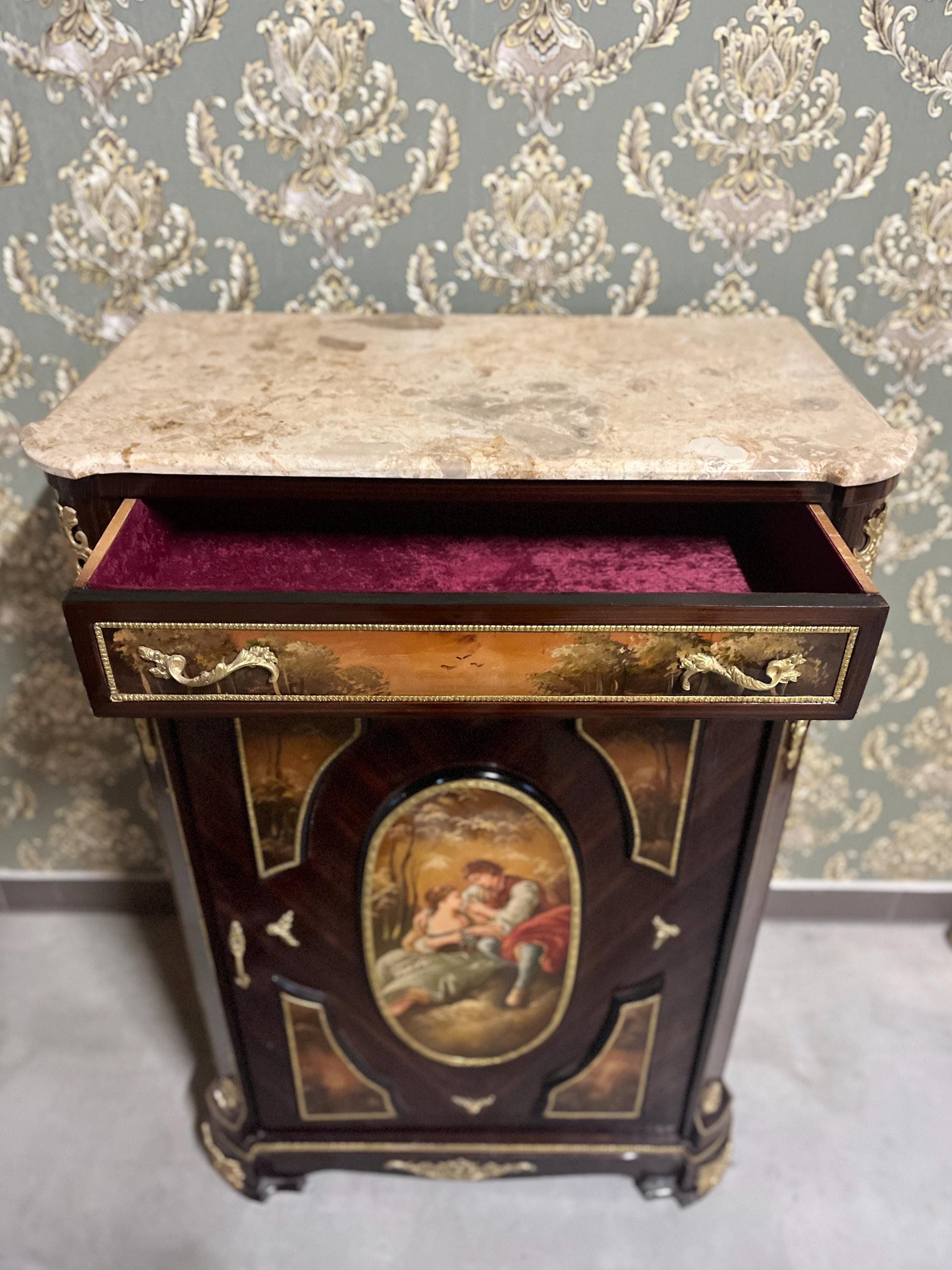 Shoe Cabinet Retro Baroque Antique Style Wooden Brown Cabinet with Oil Handpainted at Front and Marble Slab at Top