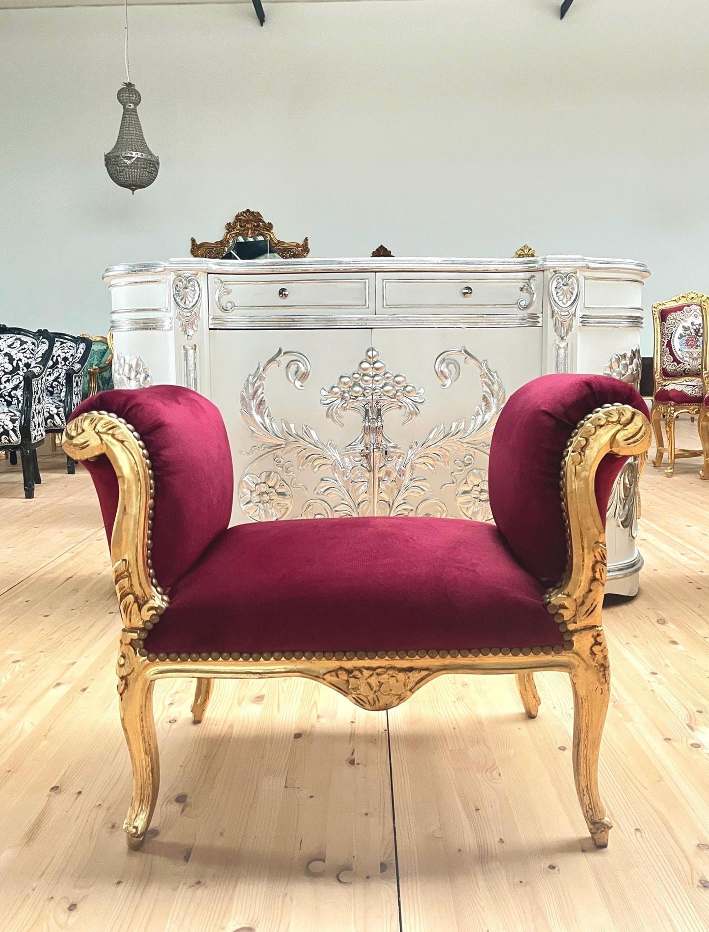 Französischer Barock-Ottoman Louis XVI/ French Louis XVI Baroque Ottoman - Gold Bordeaux