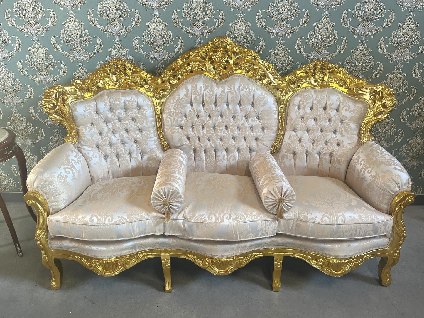 Sofa Set French Louis XV Style Tufted Velvet in Ivory Color in Gold Finish Marble Top Coffee Table Retro Baroque Style Sofa Set