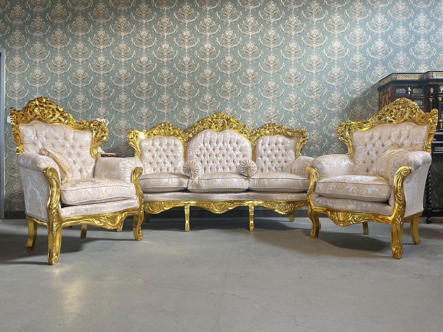 Sofa Set French Louis XV Style Tufted Velvet in Ivory Color in Gold Finish Marble Top Coffee Table Retro Baroque Style Sofa Set