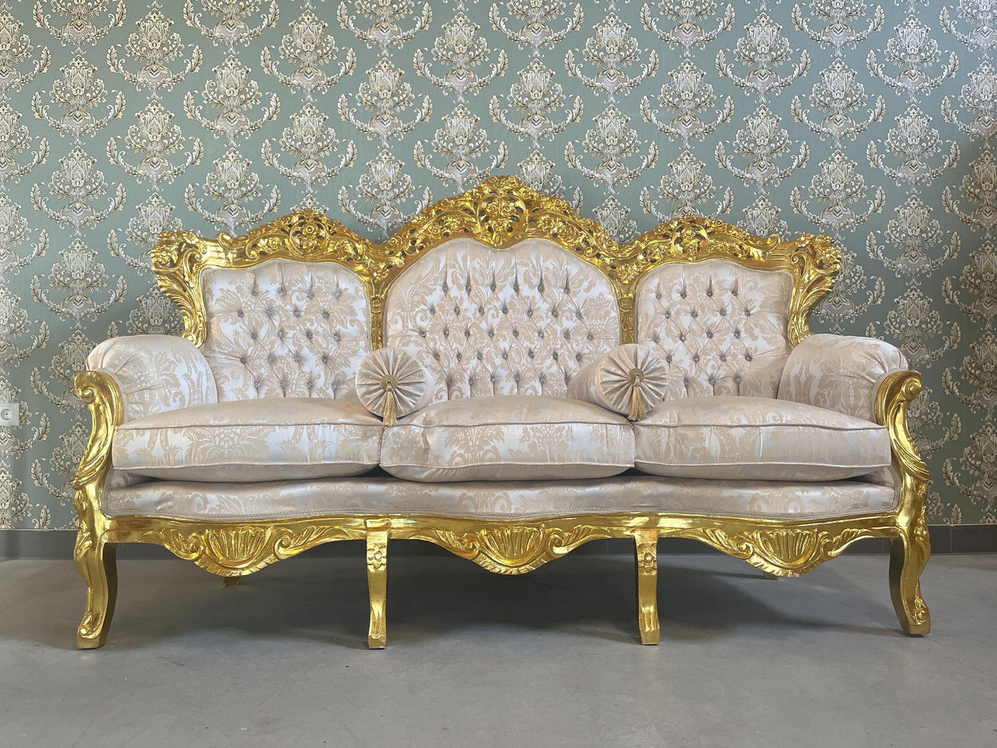 Sofa Set French Louis XV Style Tufted Velvet in Ivory Color in Gold Finish Marble Top Coffee Table Retro Baroque Style Sofa Set