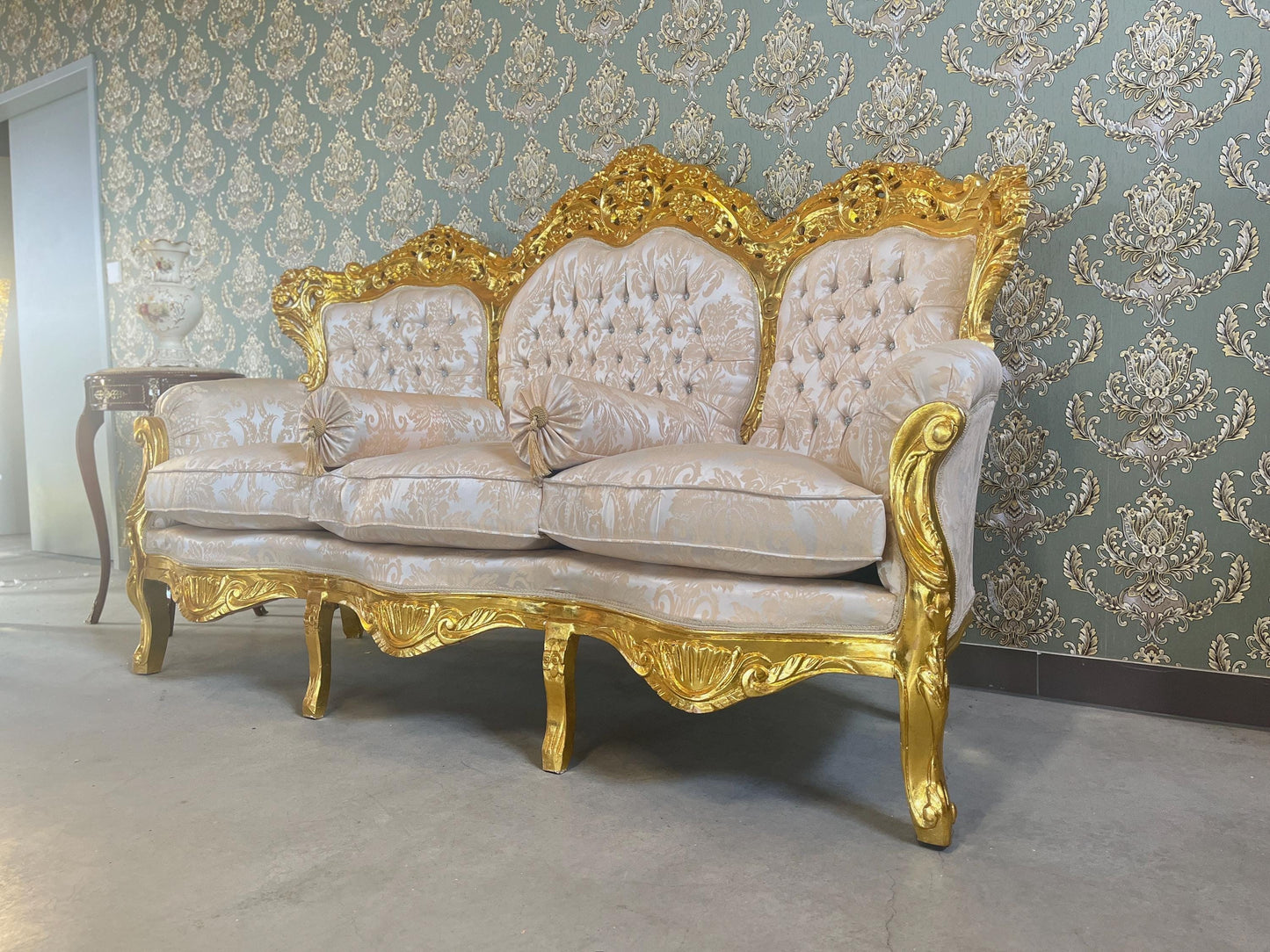Sofa Set French Louis XV Style Tufted Velvet in Ivory Color in Gold Finish Marble Top Coffee Table Retro Baroque Style Sofa Set
