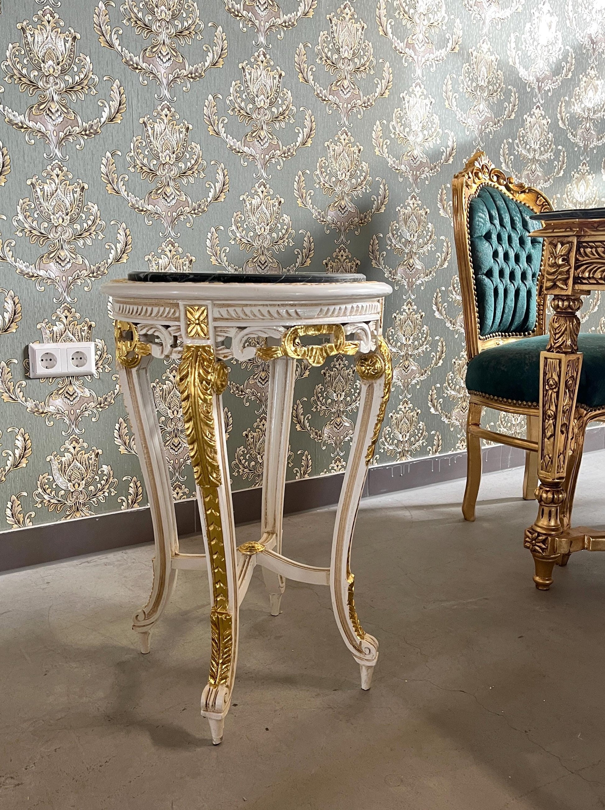 Side Table French Baroque Style with Marble Top Lamp Table Coffee Table Retro Antique Style White Finish Beige Marble for Home Decor