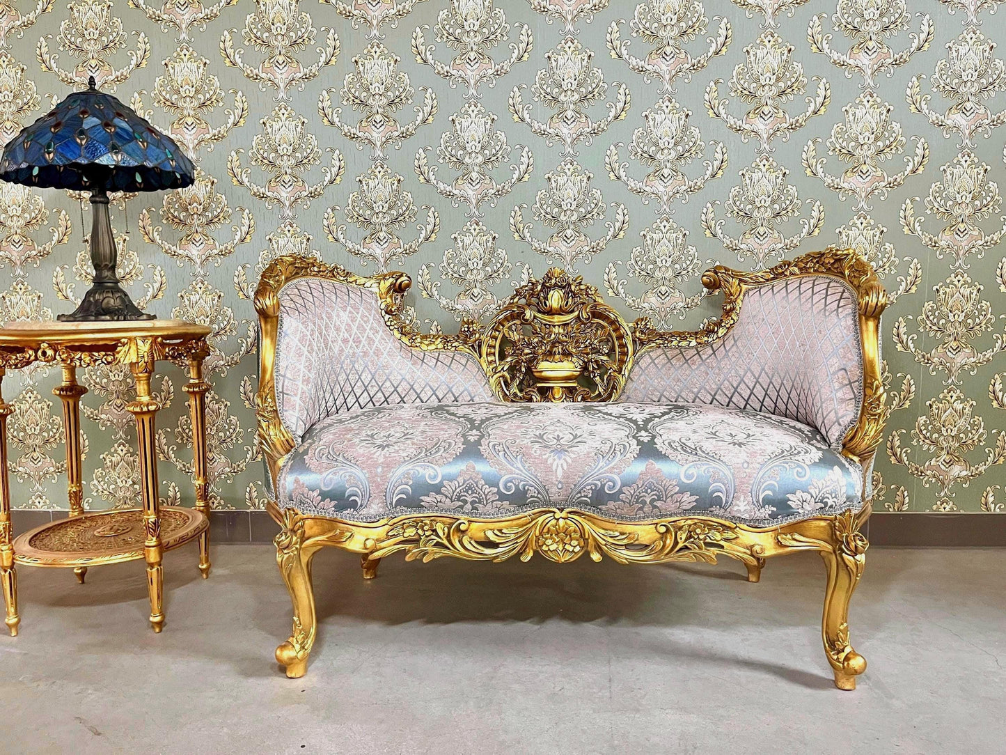 Love Seat Royal Baroque Style Bench Sky Blue Damask Flower Pattern Antique Style Couch in Gold Finish for Housewarming Party Xmas Home Gift