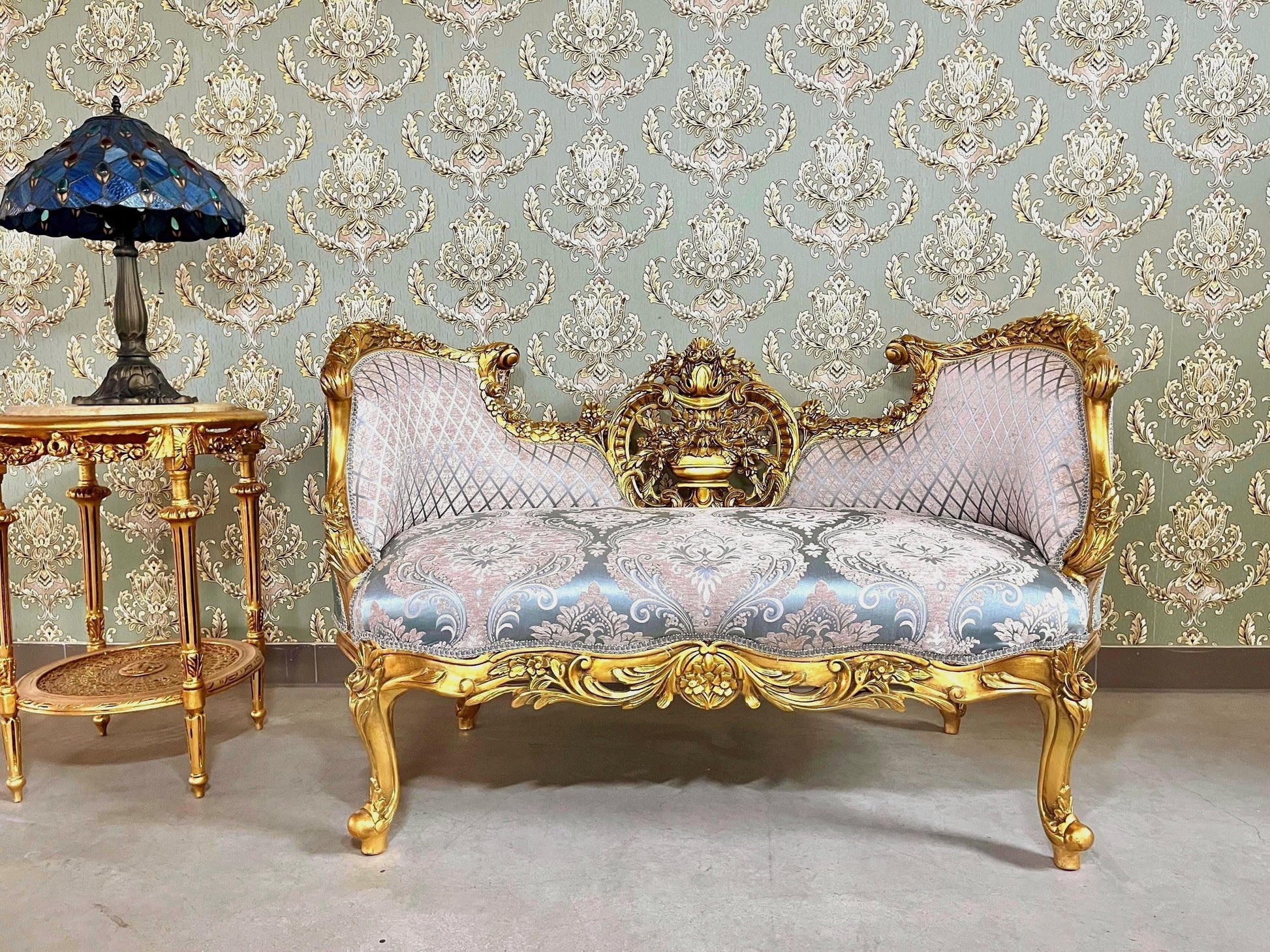 Love Seat Royal Baroque Style Bench Sky Blue Damask Flower Pattern Antique Style Couch in Gold Finish for Housewarming Party Xmas Home Gift