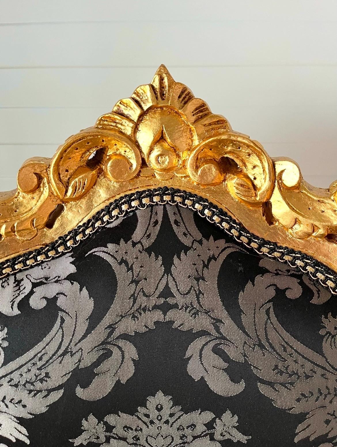 Dining Table French Baroque Style in Gold Finish with Black Color Marble Top & 4 Armchairs in Black Flower Pattern in Gold Finish