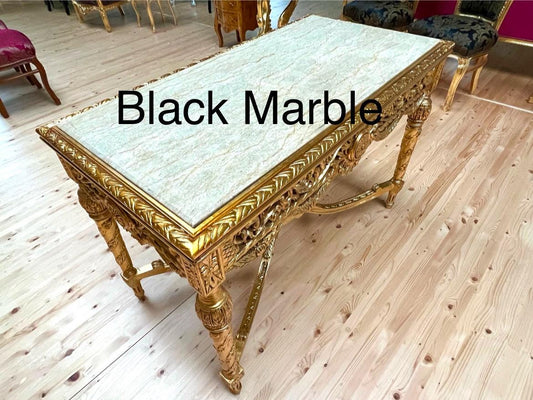Dining Table French Baroque Style in Gold Finish with Black Color Marble Top & 4 Armchairs in Black Flower Pattern in Gold Finish