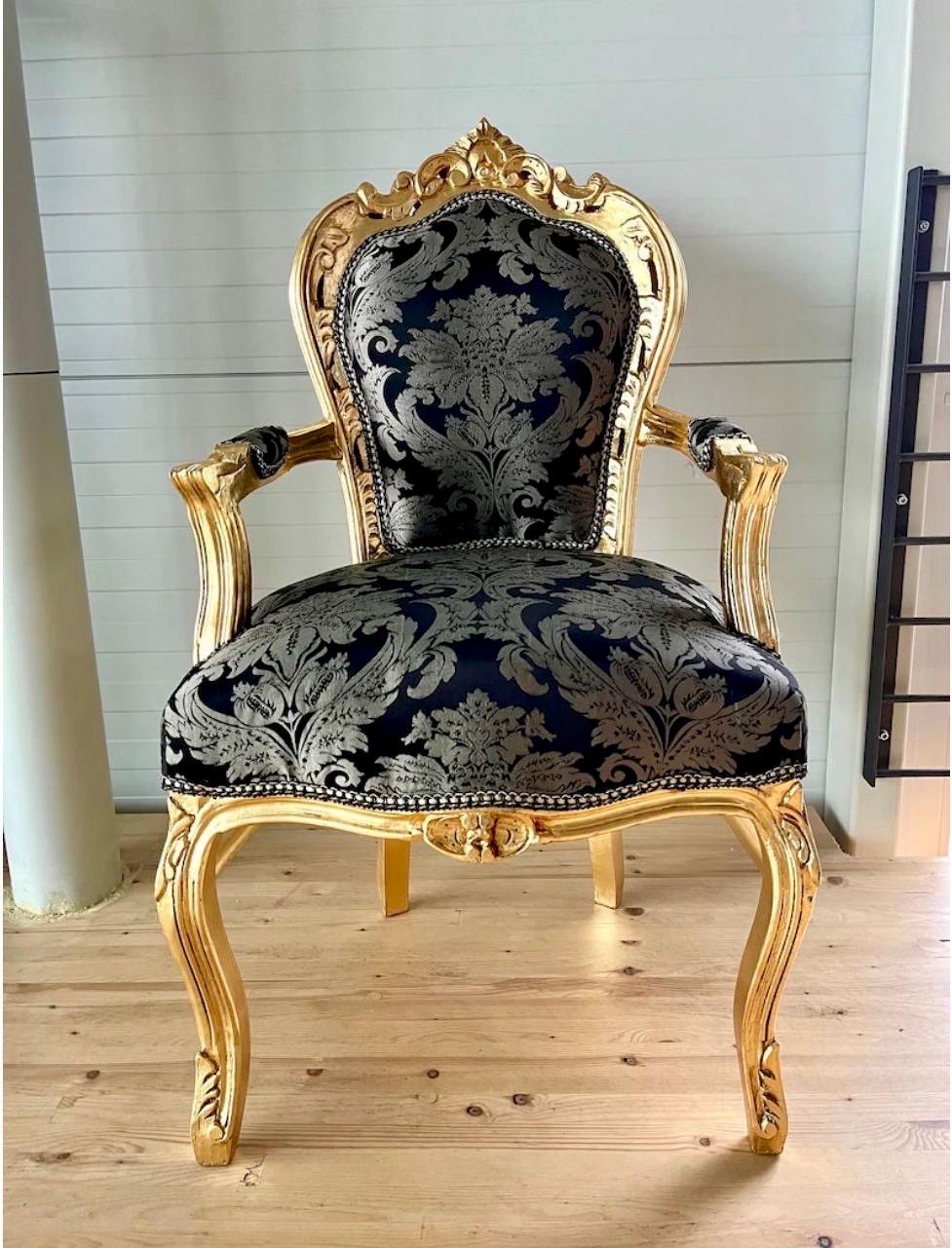 Dining Table French Baroque Style in Gold Finish with Black Color Marble Top & 4 Armchairs in Black Flower Pattern in Gold Finish