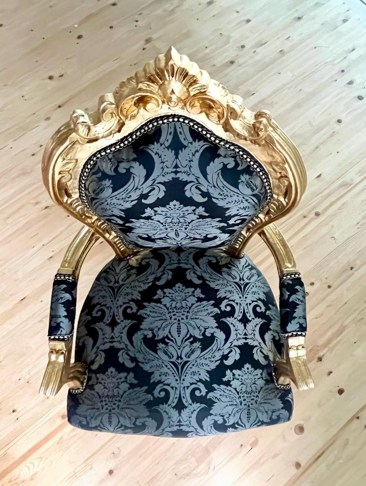Dining Table French Baroque Style in Gold Finish with Black Color Marble Top & 4 Armchairs in Black Flower Pattern in Gold Finish