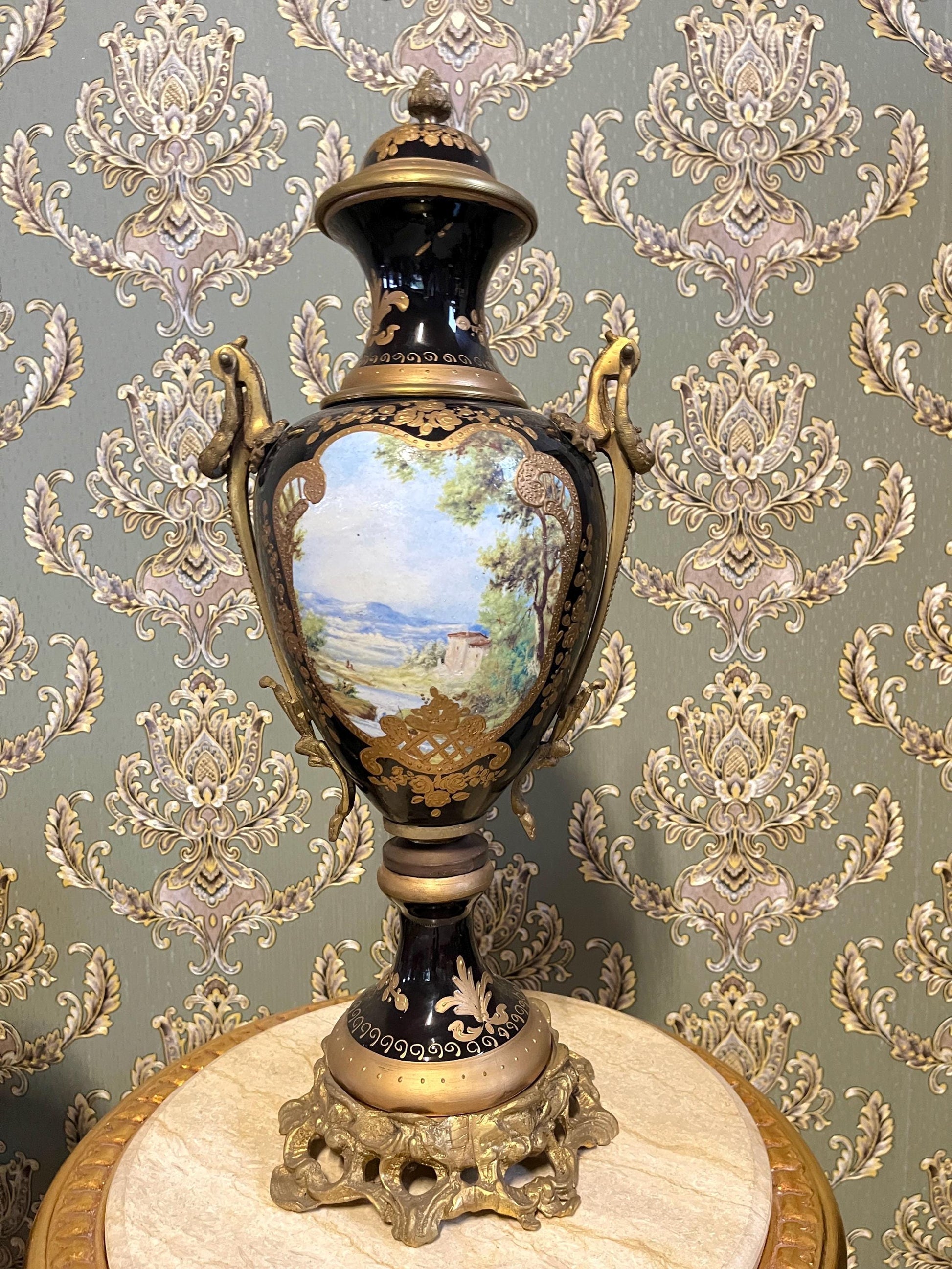 Luxury Porcelain Vase, Oil Painting on Porcelain Vase, Antique Style Vase in Blue with Gold Accents, New Home Gift, Anniversary Gift for Her