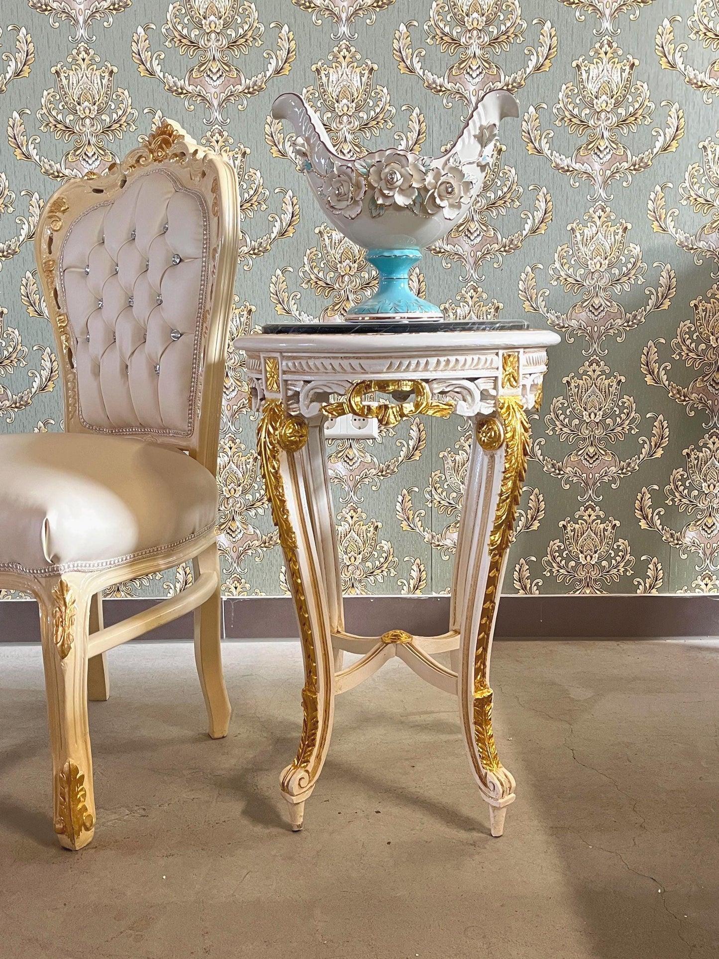 Side Table French Baroque Style with Marble Top Lamp Table Coffee Table Retro Antique Style White Finish Beige Marble for Home Decor