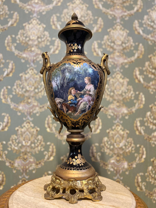 Luxury Porcelain Vase, Oil Painting on Porcelain Vase, Antique Style Vase in Blue with Gold Accents, New Home Gift, Anniversary Gift for Her